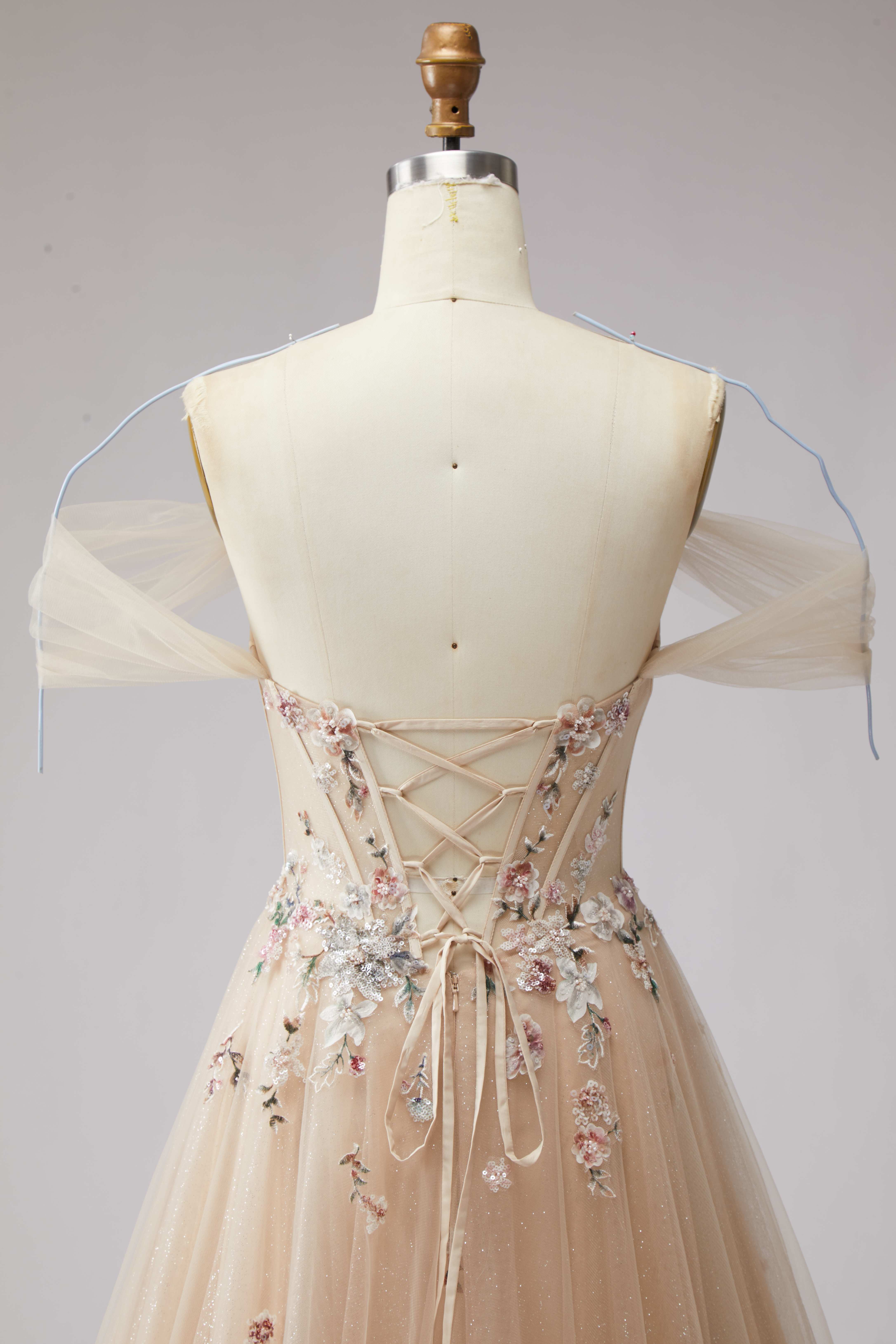SPU - 608S20LF010 Champagne Floral Off‑Shoulder Tulle Gown