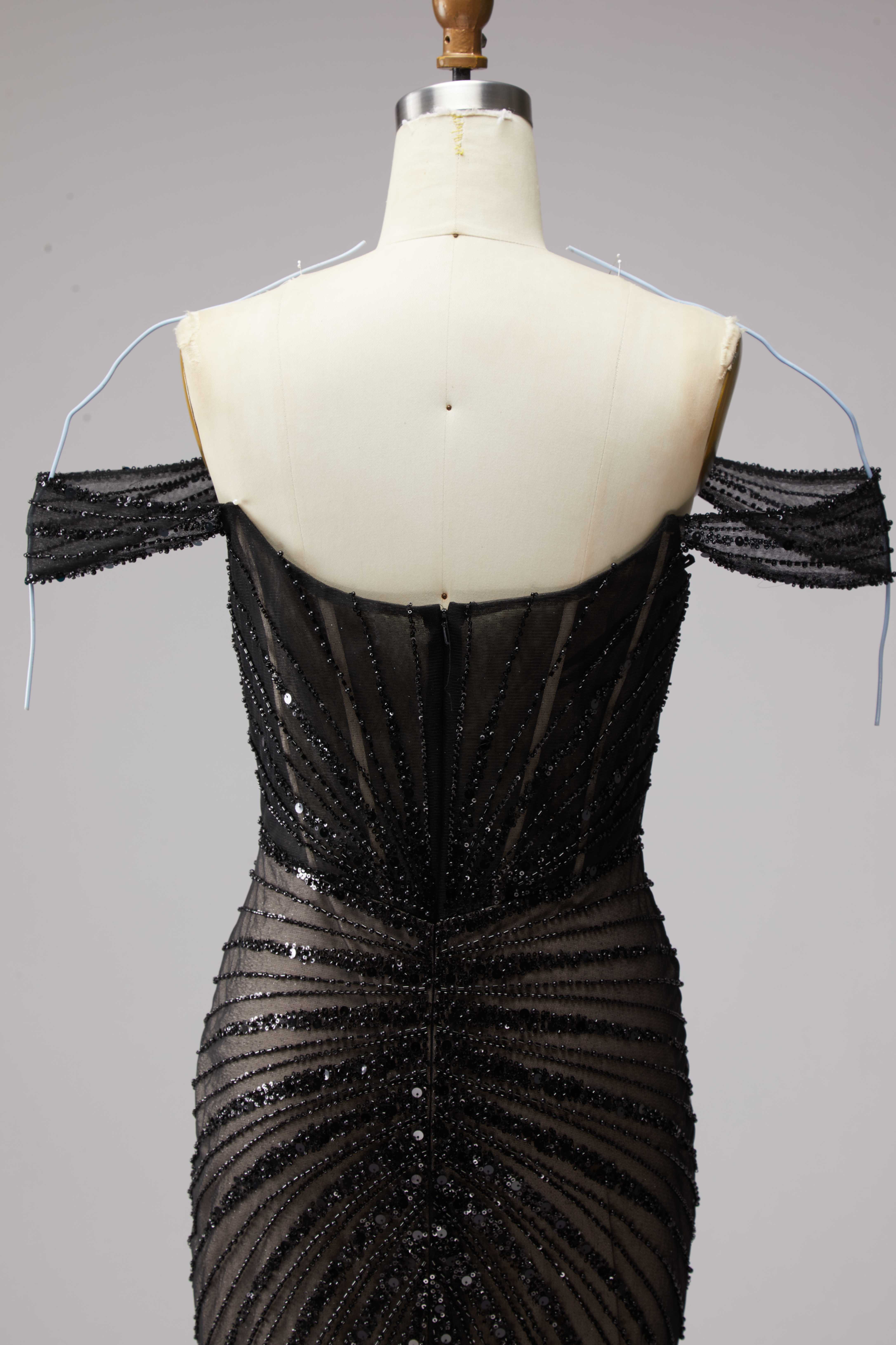 SPU - 608S20LF011 Black Beaded Sheer Off‑Shoulder Mermaid Gown