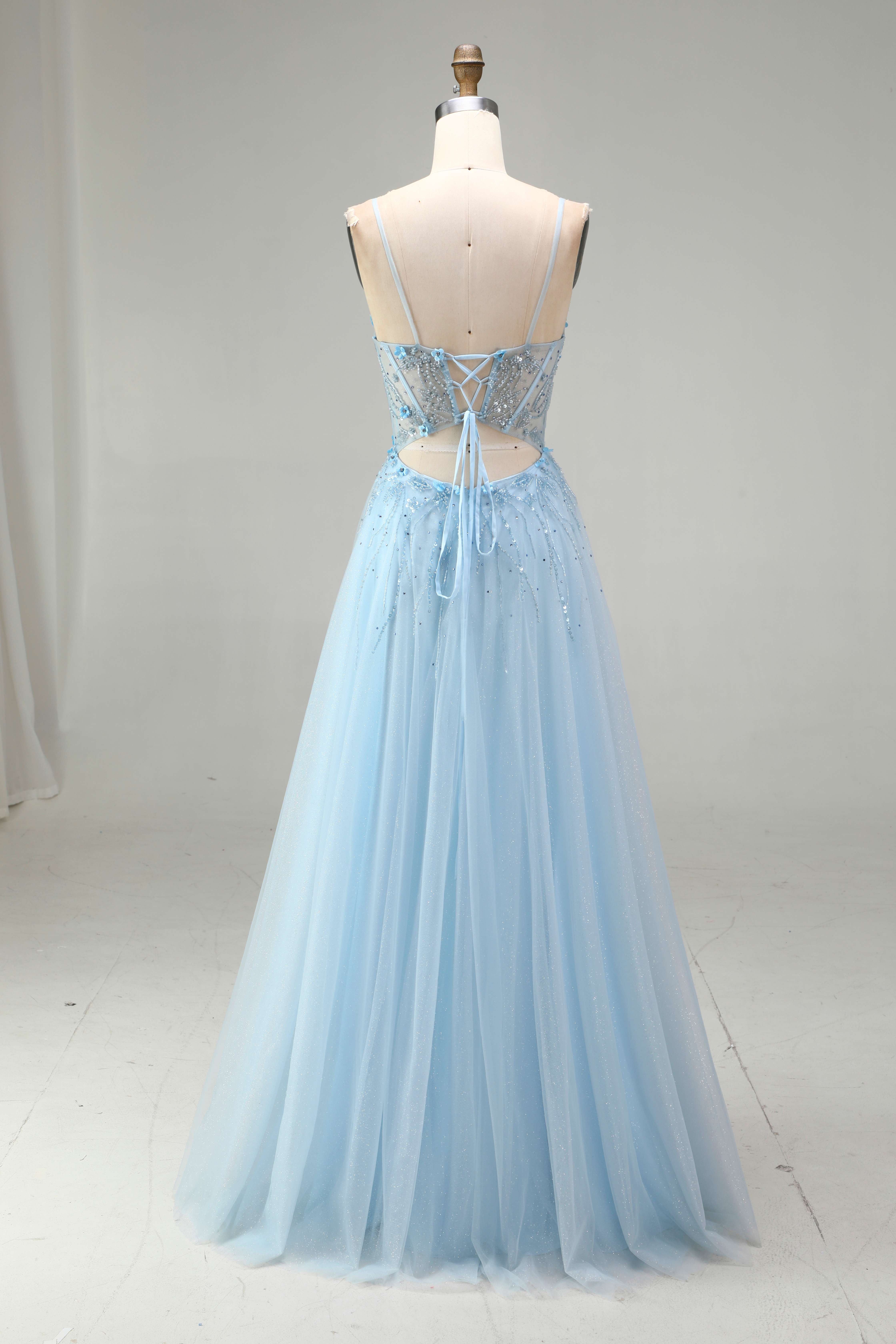 SPU - 608S20LF012 Sky Blue Beaded Spaghetti Strap A‑Line Gown