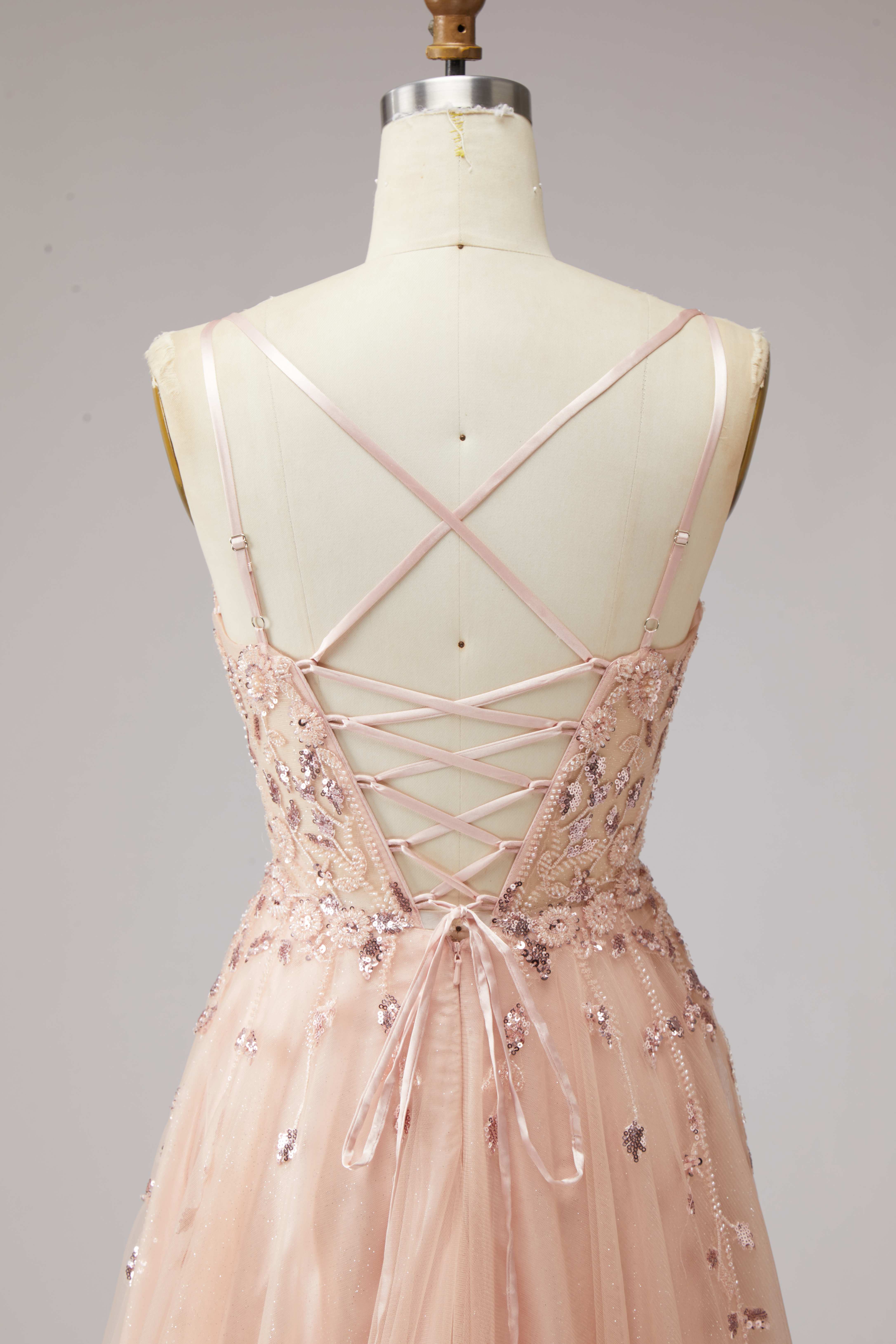 SPU - 608S20LF013 Blush Pink Sequin Spaghetti Strap Prom Gown