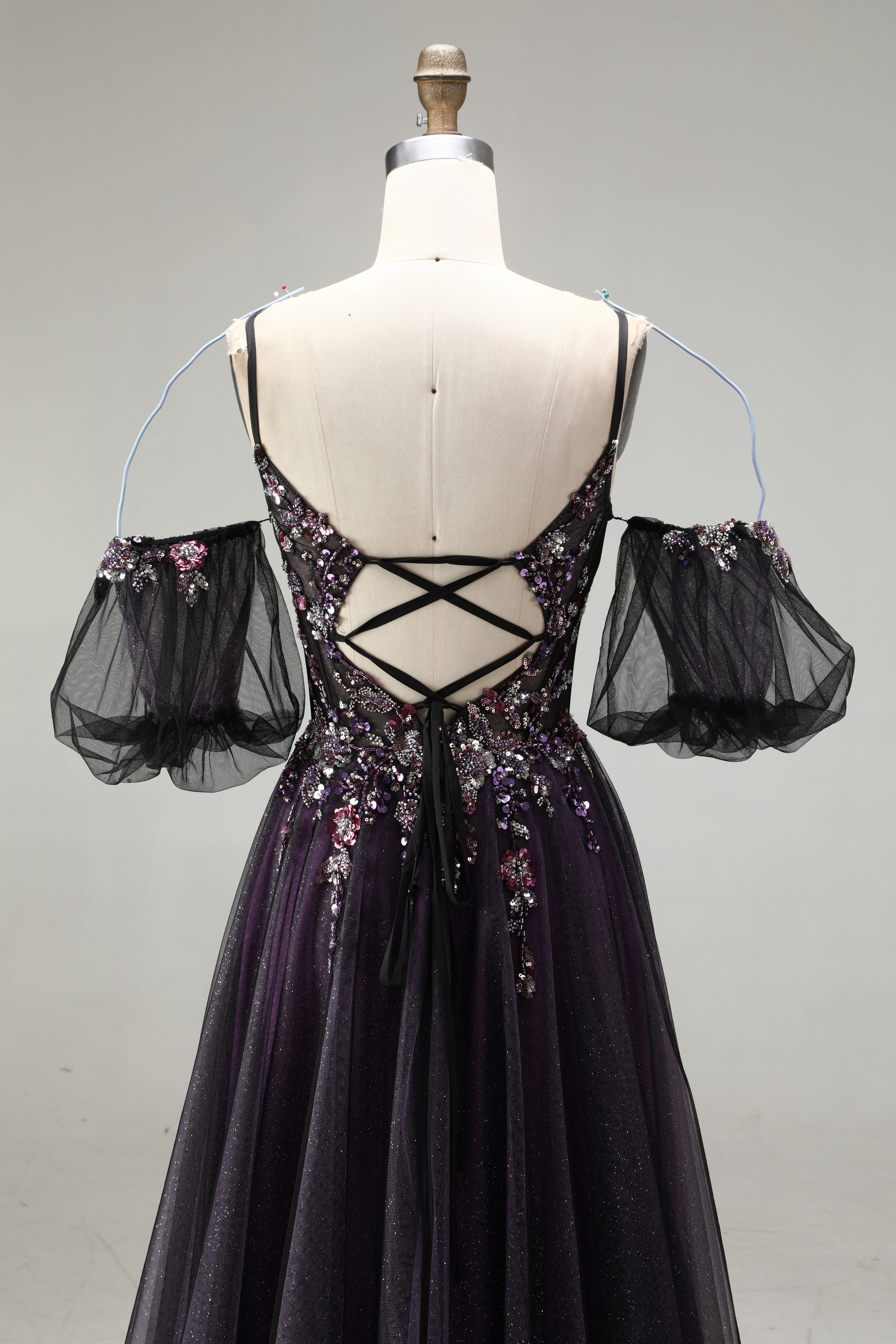 SPU - 608S20LF016 Dark Purple Floral Off‑Shoulder Tulle Gown