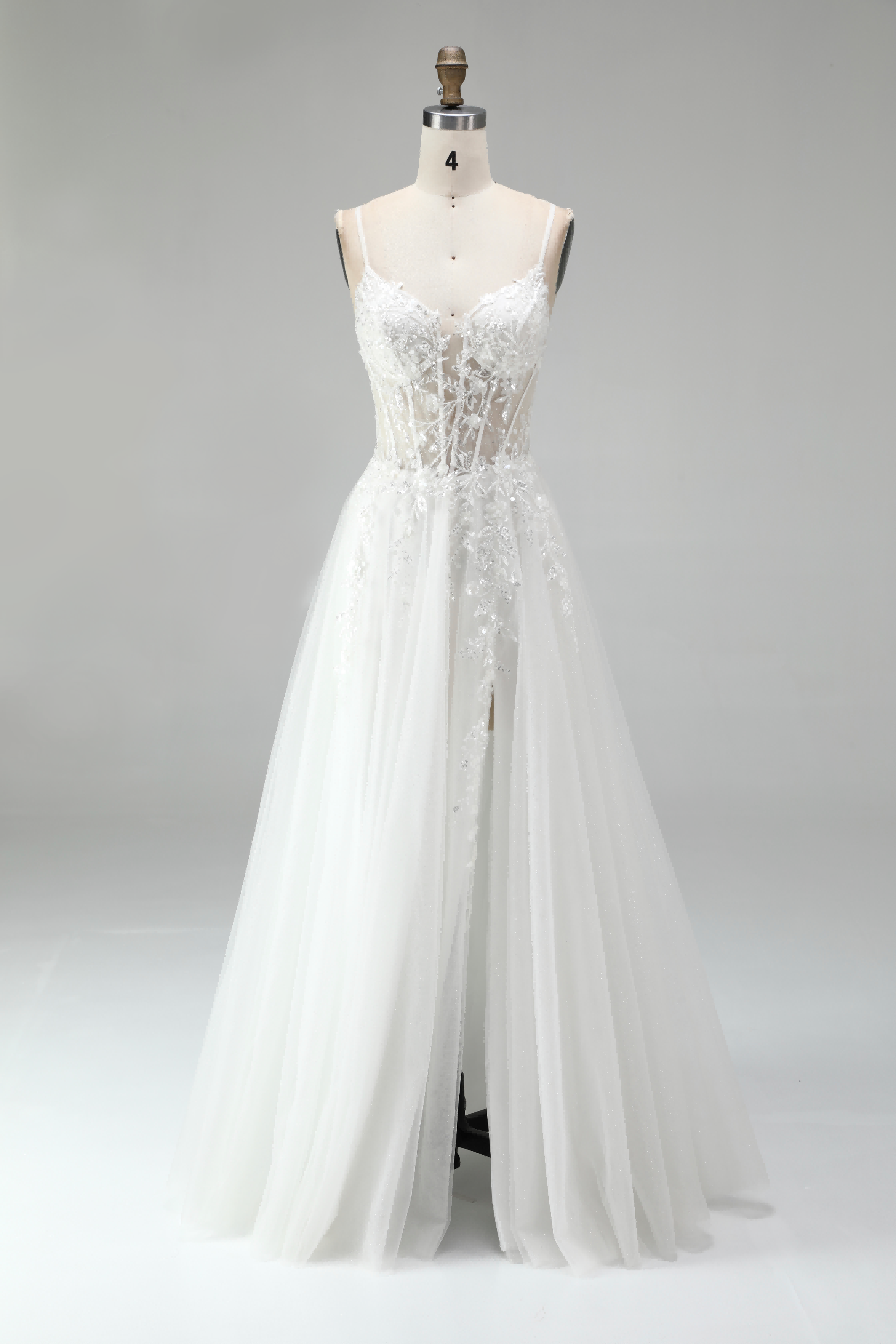 SPU - 608S20LF017 White Lace Spaghetti Strap A‑Line Wedding Gown