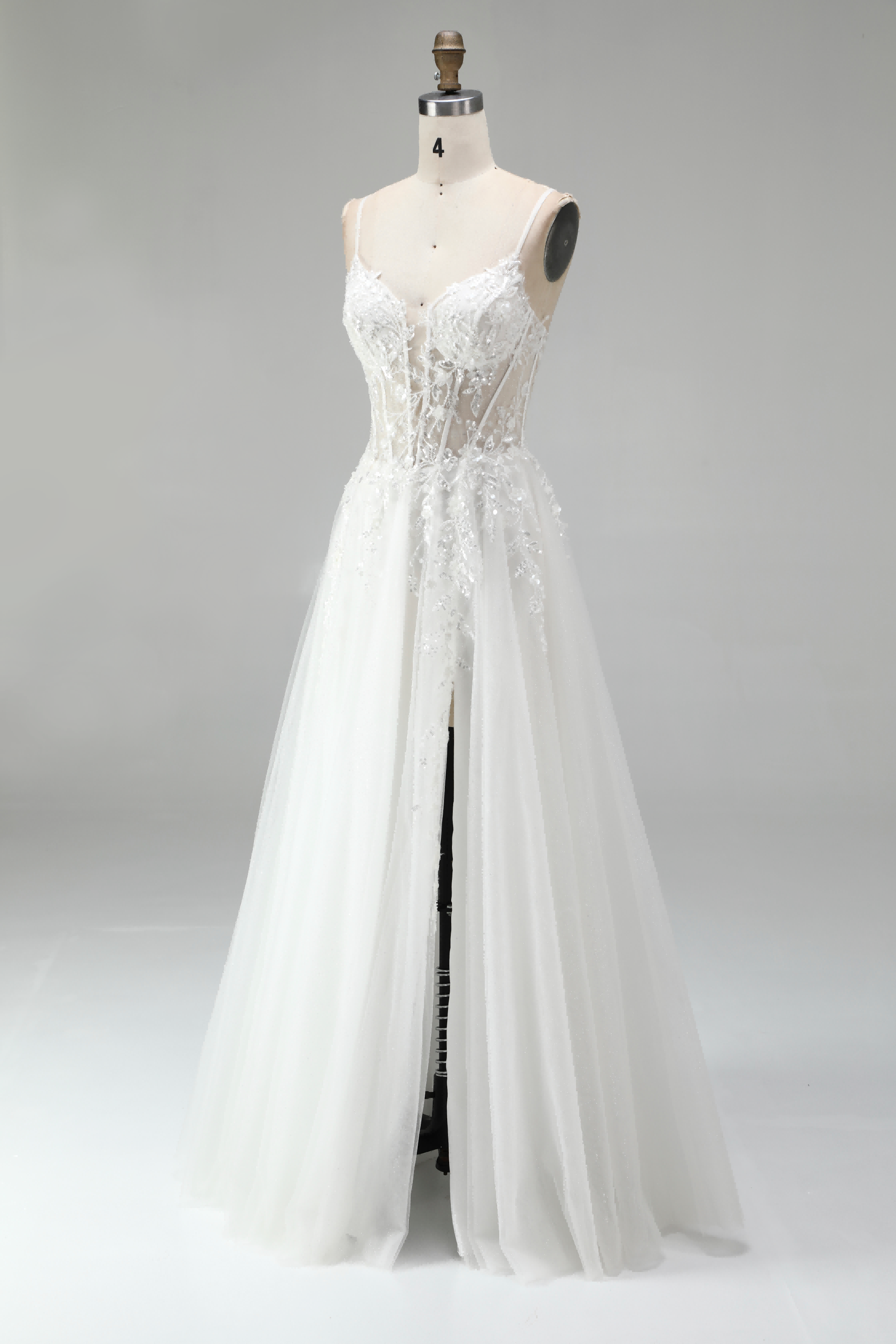 SPU - 608S20LF017 White Lace Spaghetti Strap A‑Line Wedding Gown