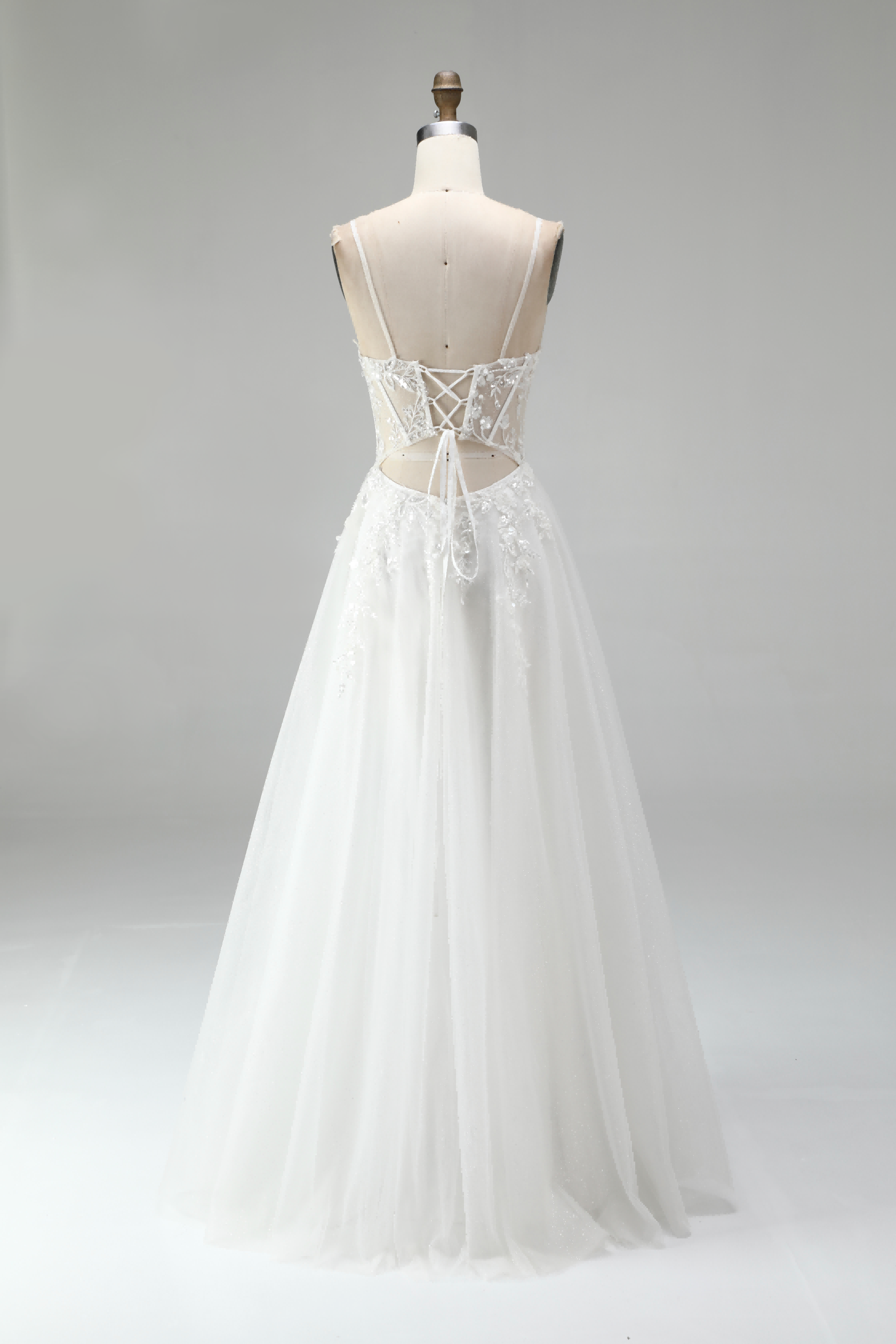 SPU - 608S20LF017 White Lace Spaghetti Strap A‑Line Wedding Gown