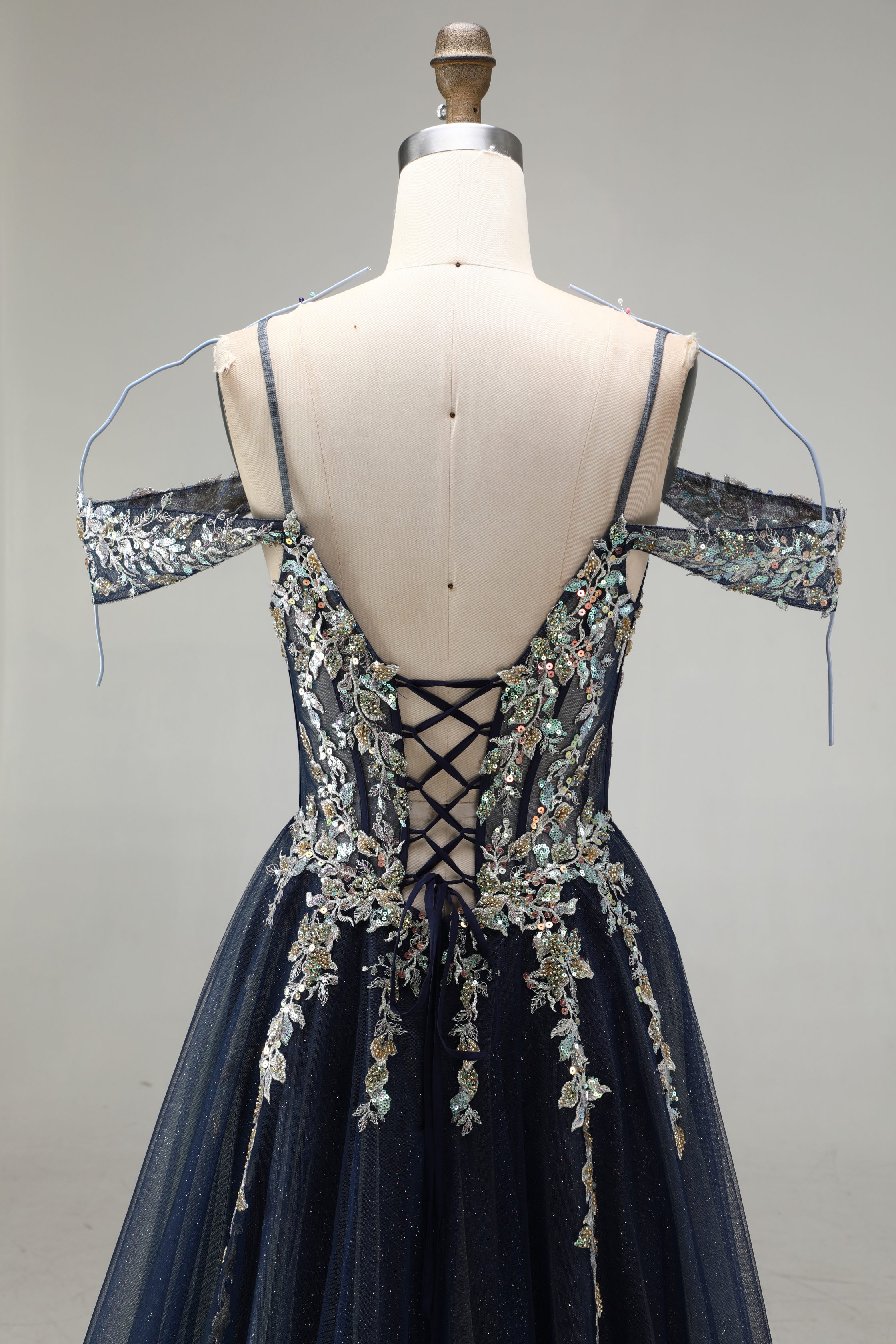 SPU - 608S20LF009 Navy Blue Gold Lace Off‑Shoulder Gown