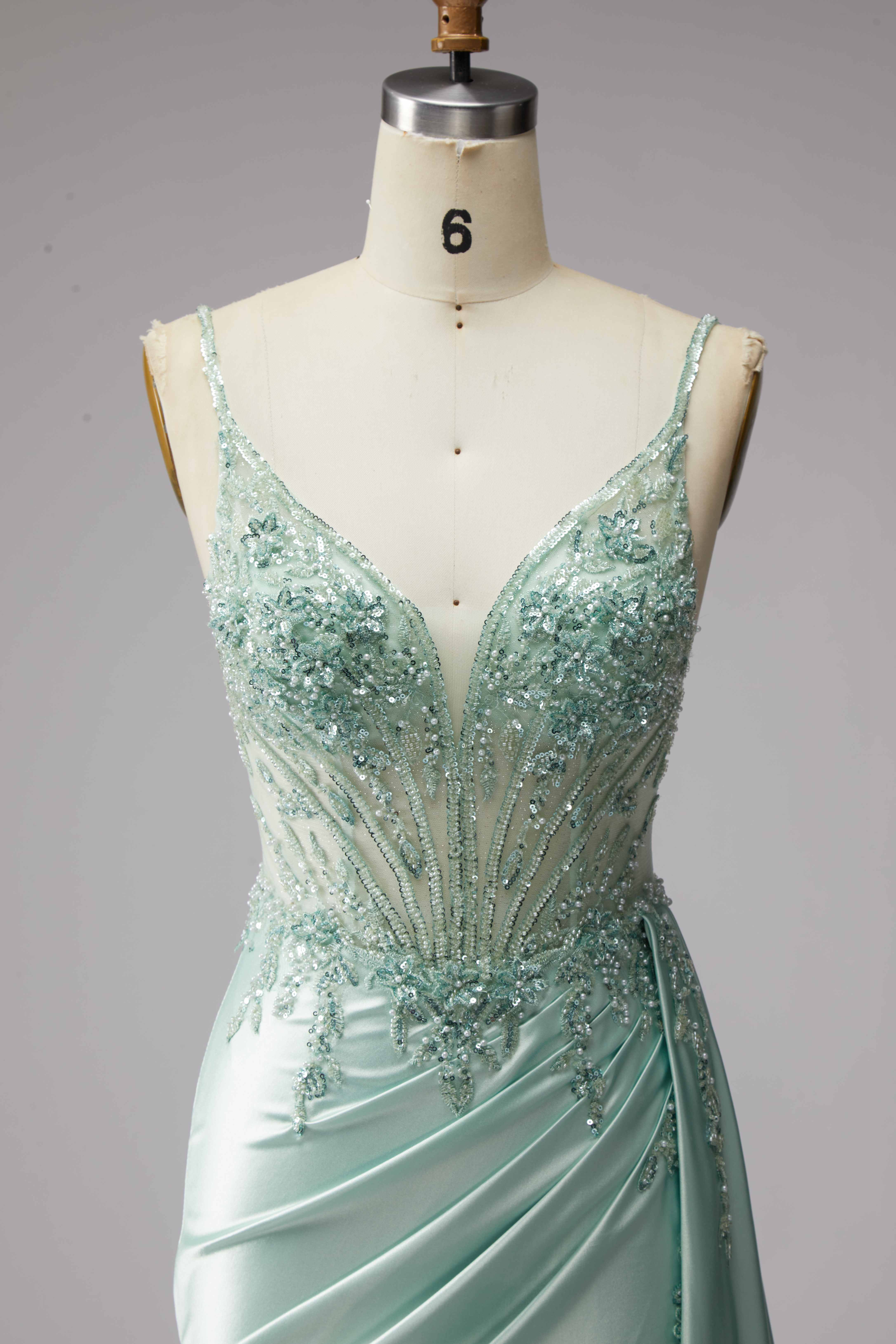 SPU - 608S20LF028 Sage Spaghetti Strap Slit Evening Dress 