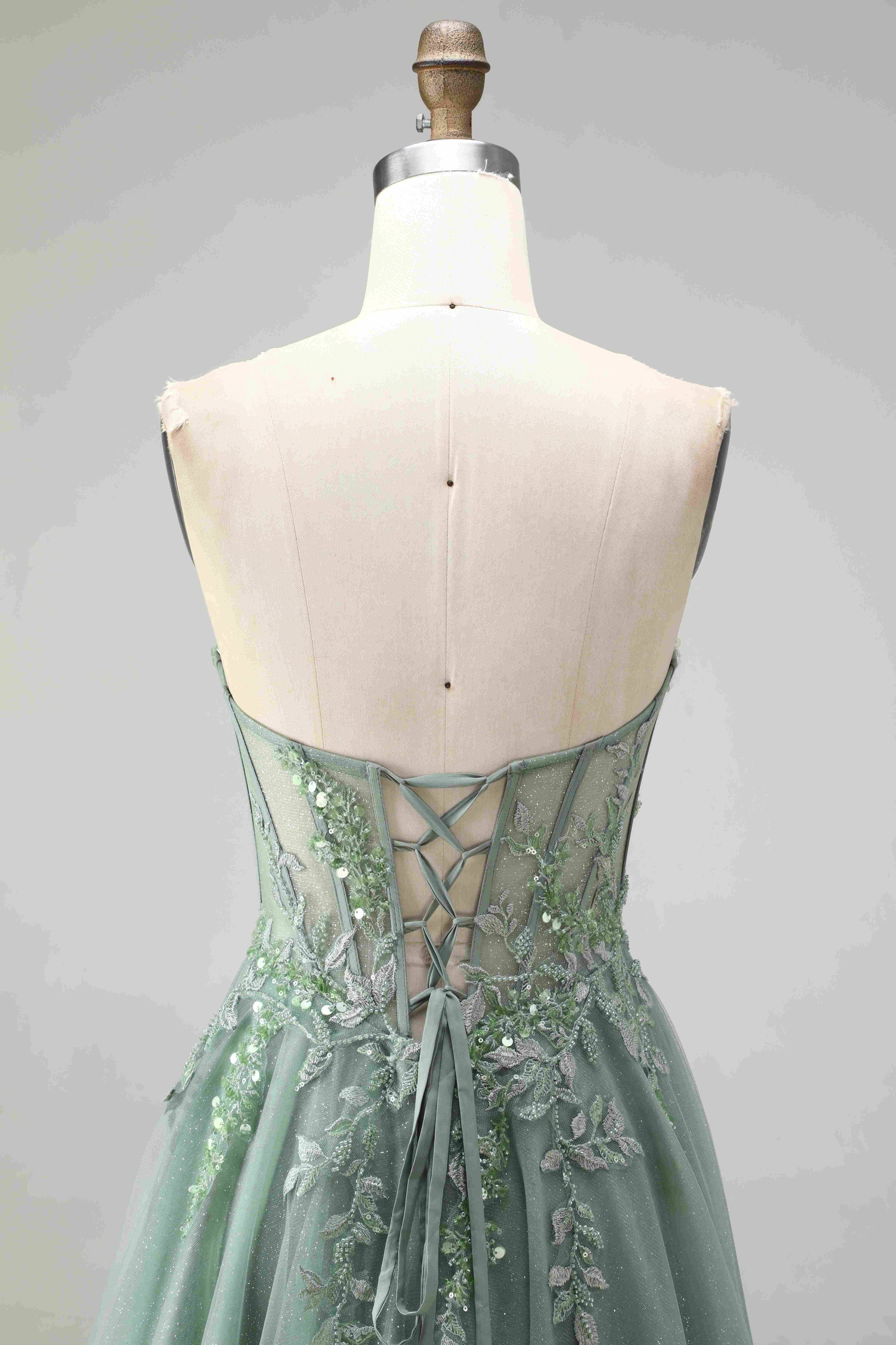 SPU - 608S20LF030 Sage Lace Appliqued Tulle Prom Dress