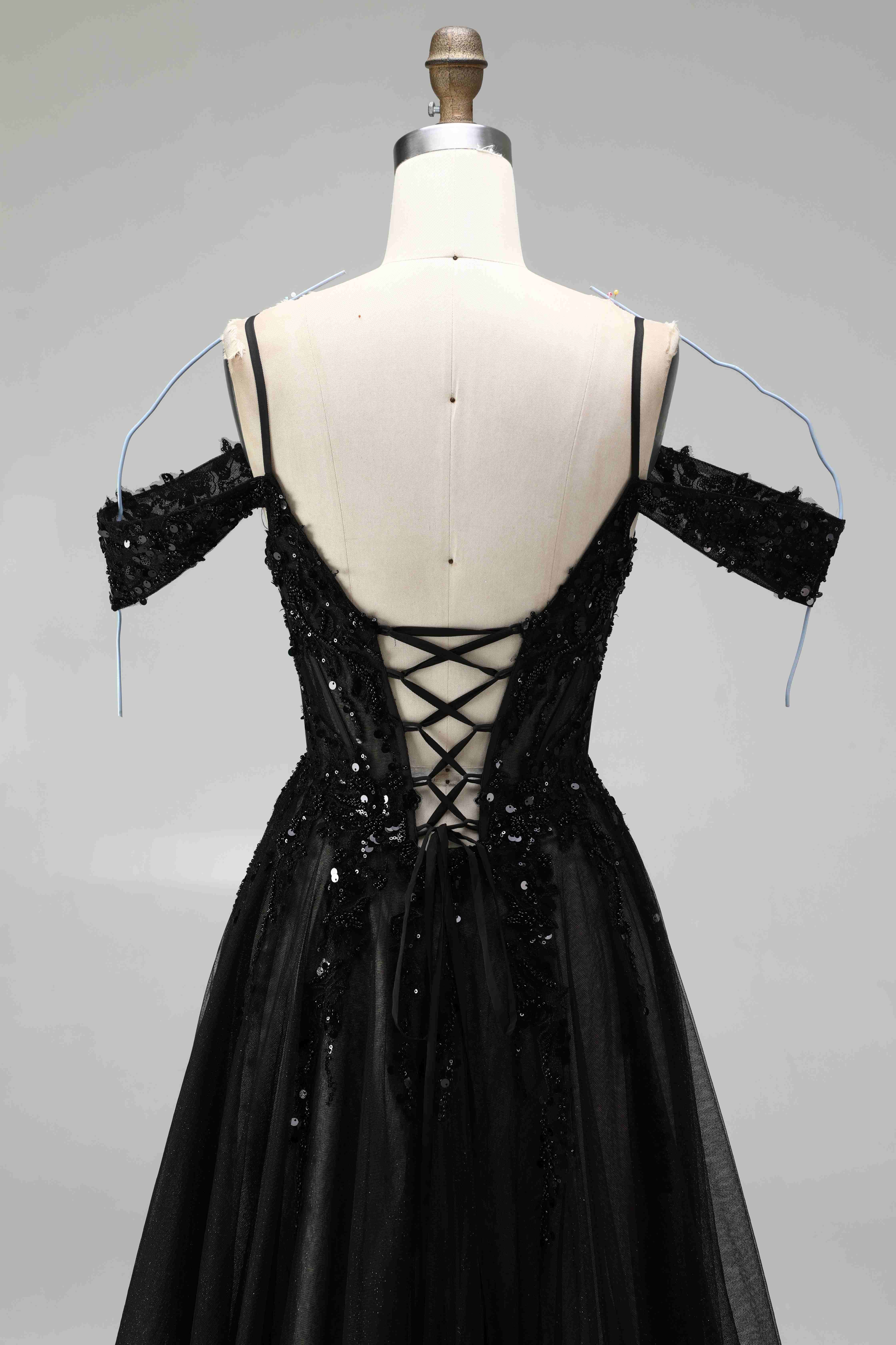 SPU - 608S20LF031 Black Off‑the‑Shoulder Tulle Evening Gown