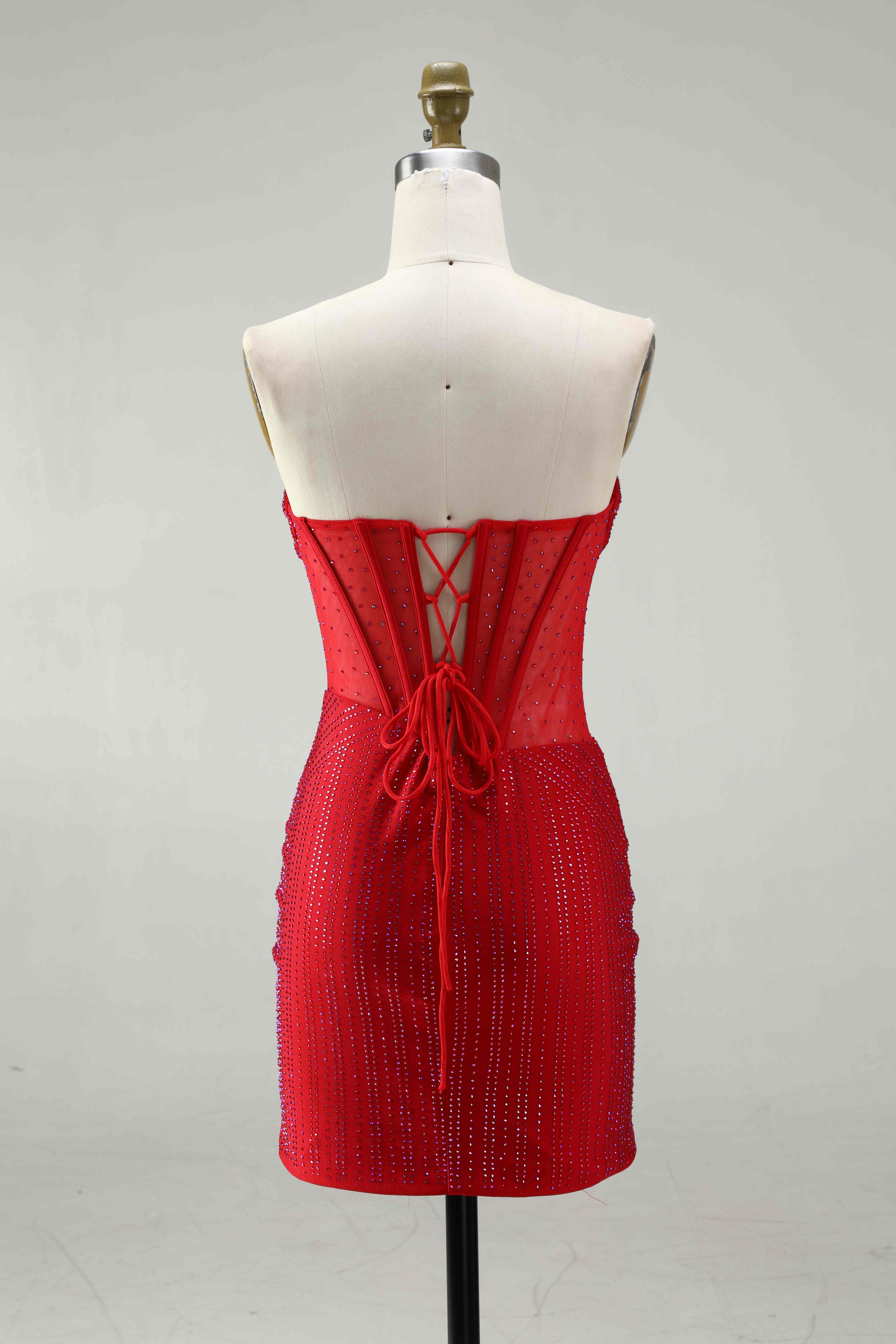 SPU - 608S02LF0033-1 Red Rhinestone Corset Short Homecoming Dress