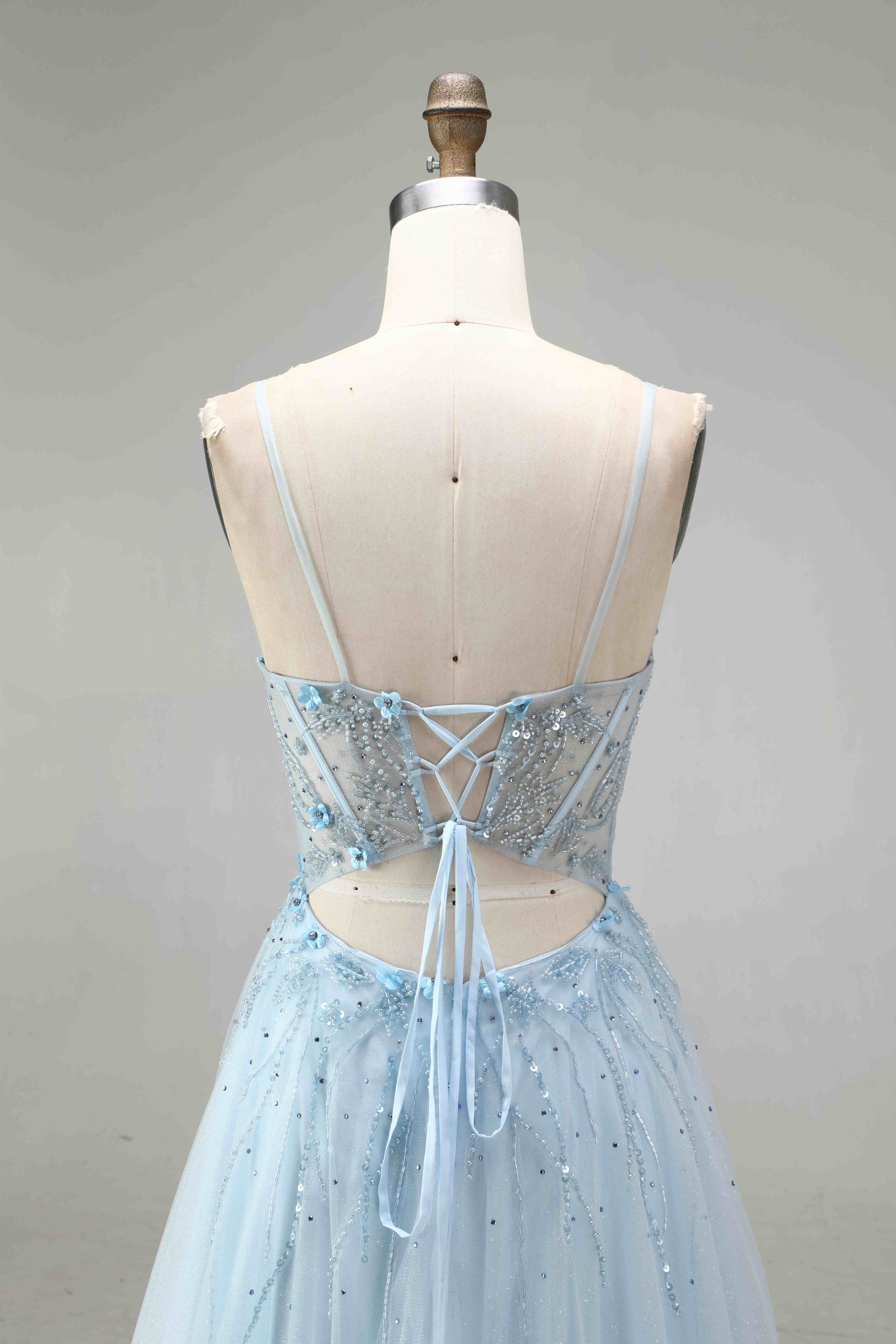 SPU - 608S20LF012 Sky Blue Beaded Spaghetti Strap A‑Line Gown
