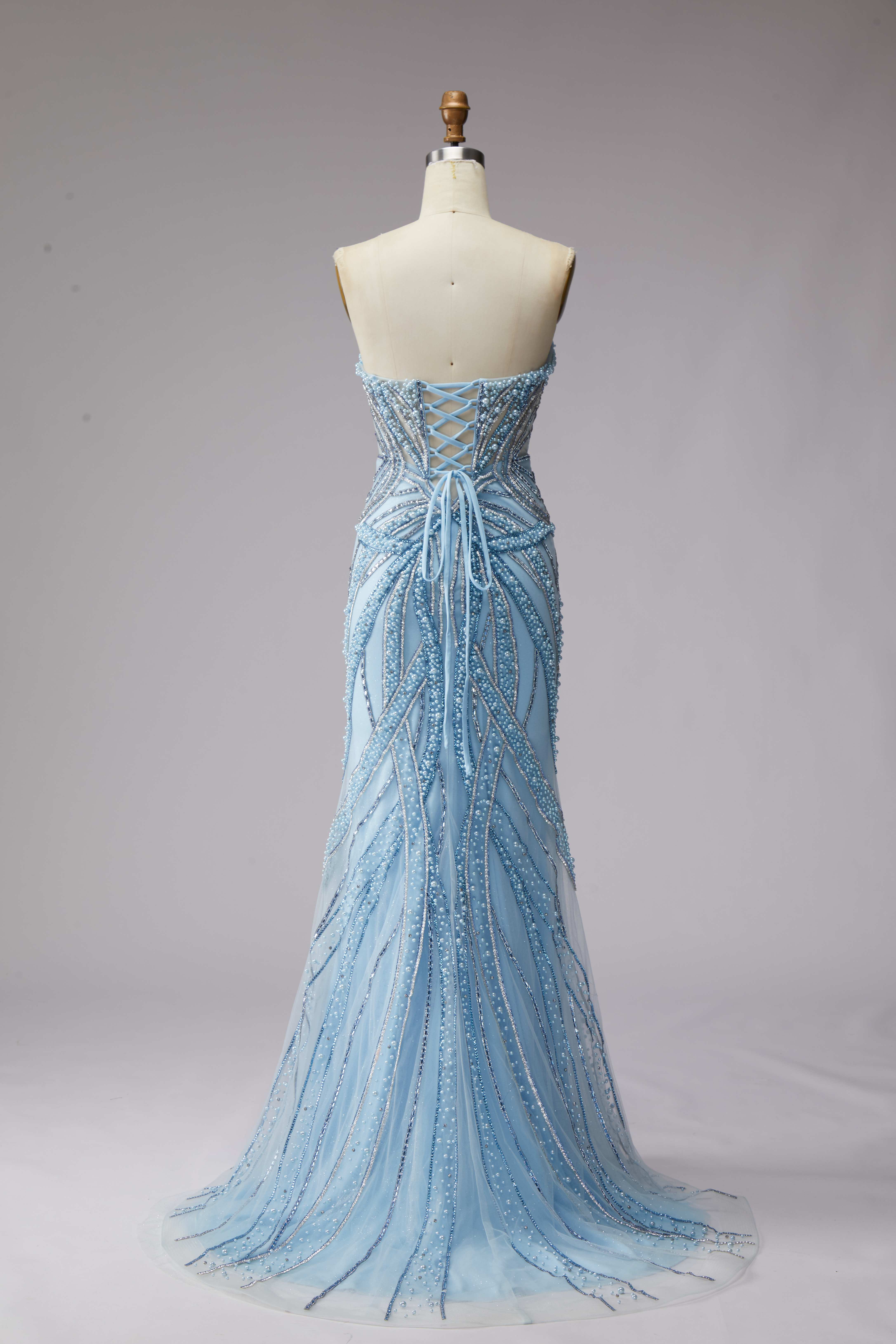 SPU - 608S20LF014 Sky Blue Beaded Strapless Mermaid Evening Gown