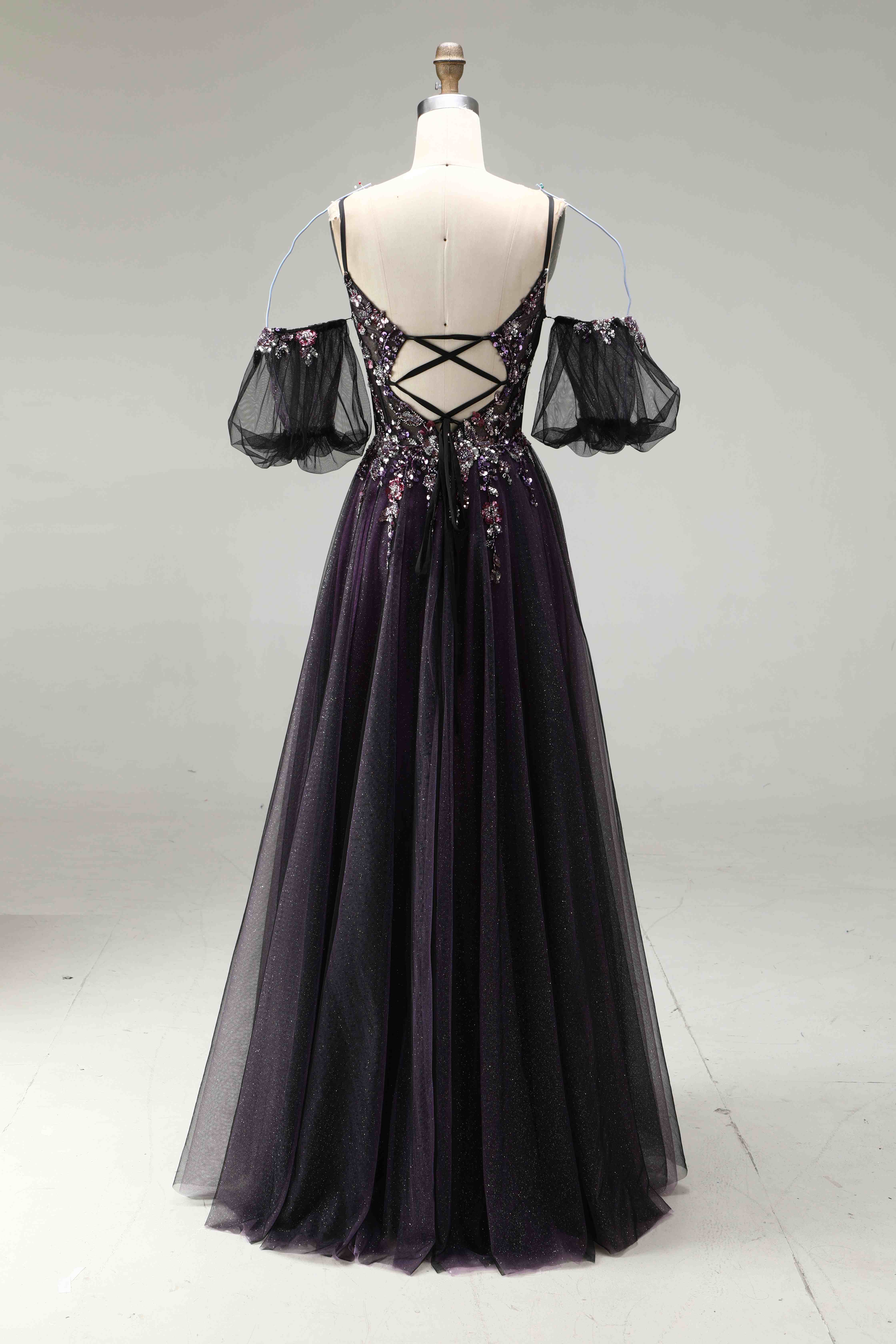 SPU - 608S20LF016 Dark Purple Floral Off‑Shoulder Tulle Gown
