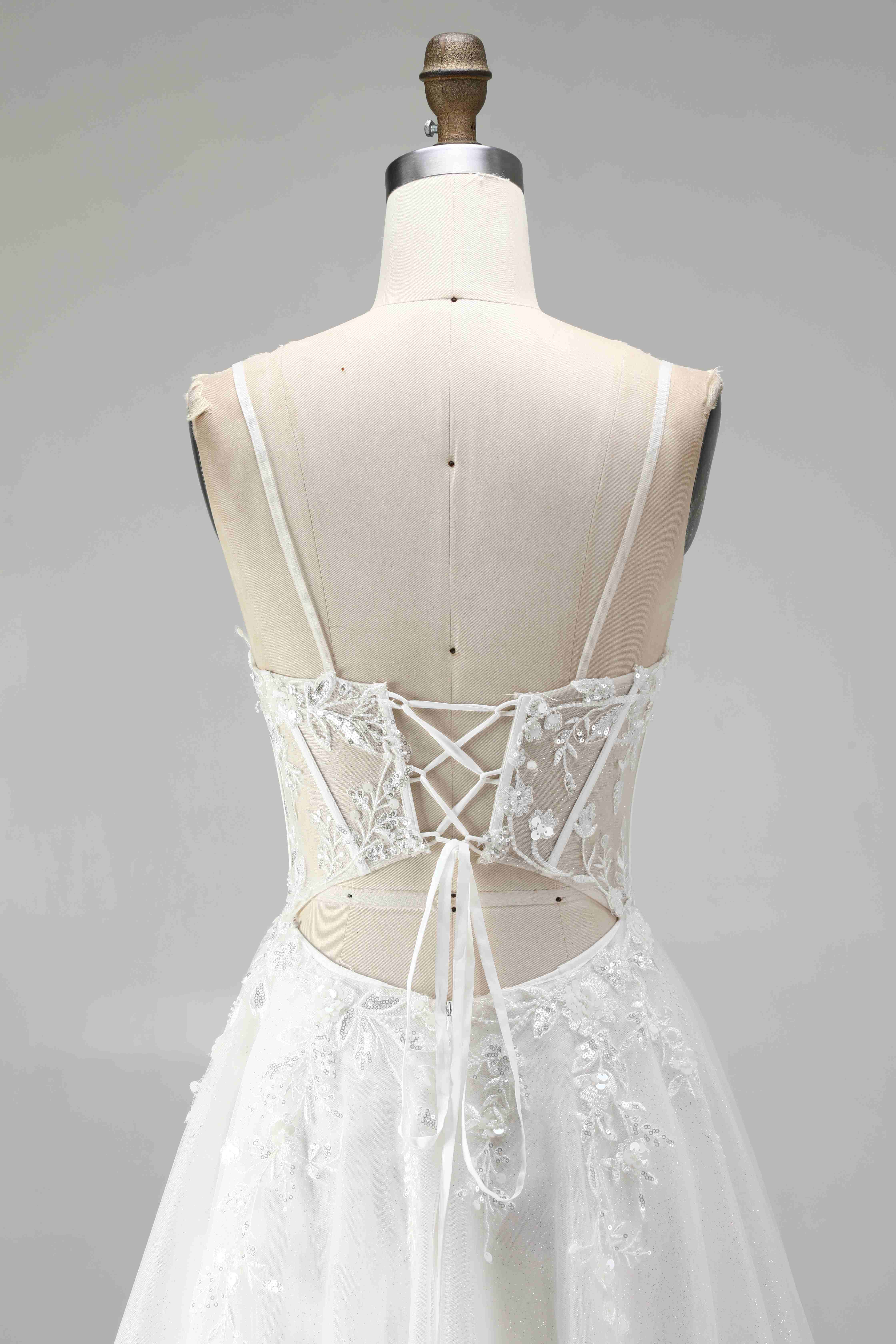 SPU - 608S20LF017 White Lace Spaghetti Strap A‑Line Wedding Gown
