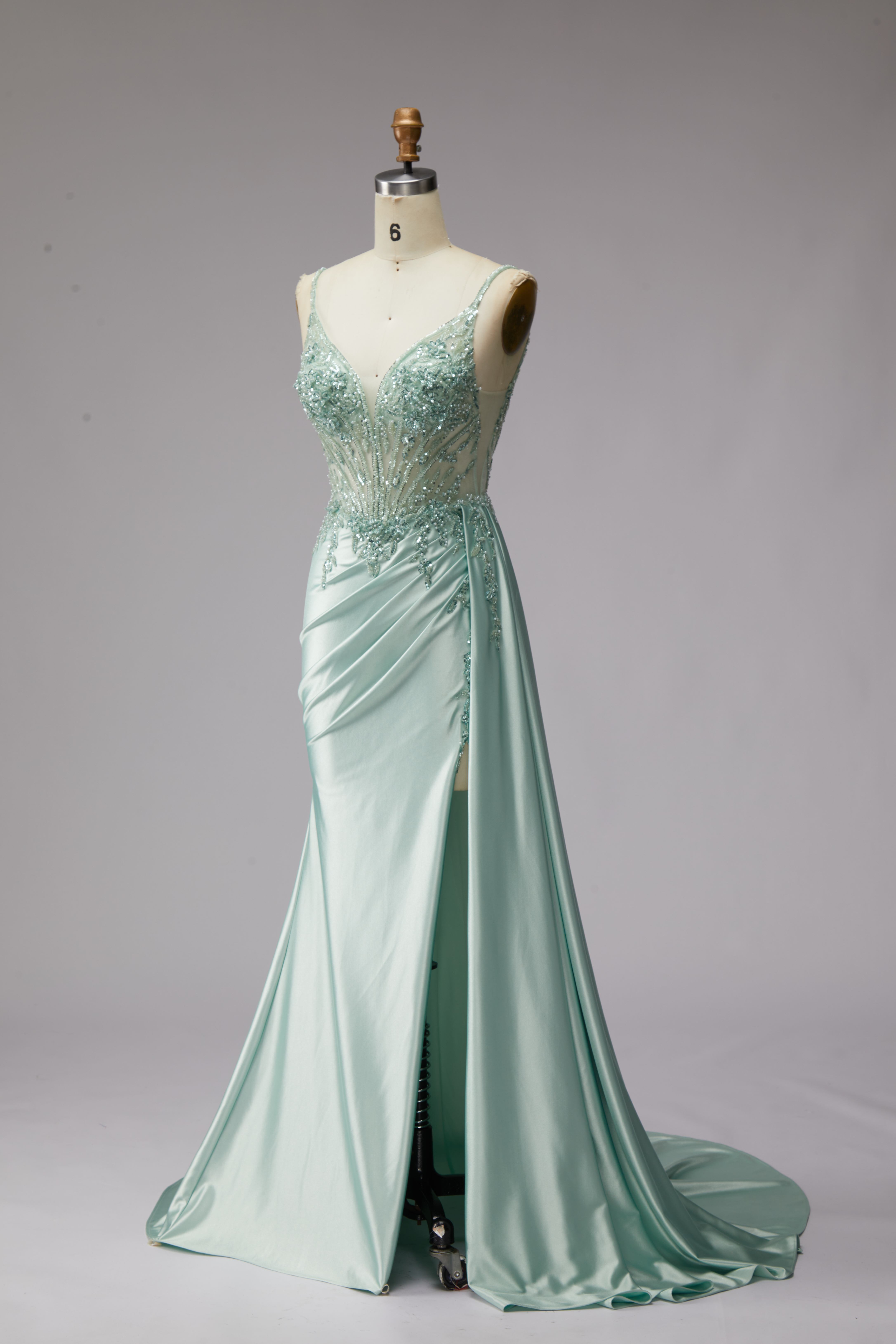 SPU - 608S20LF028 Sage Spaghetti Strap Slit Evening Dress 
