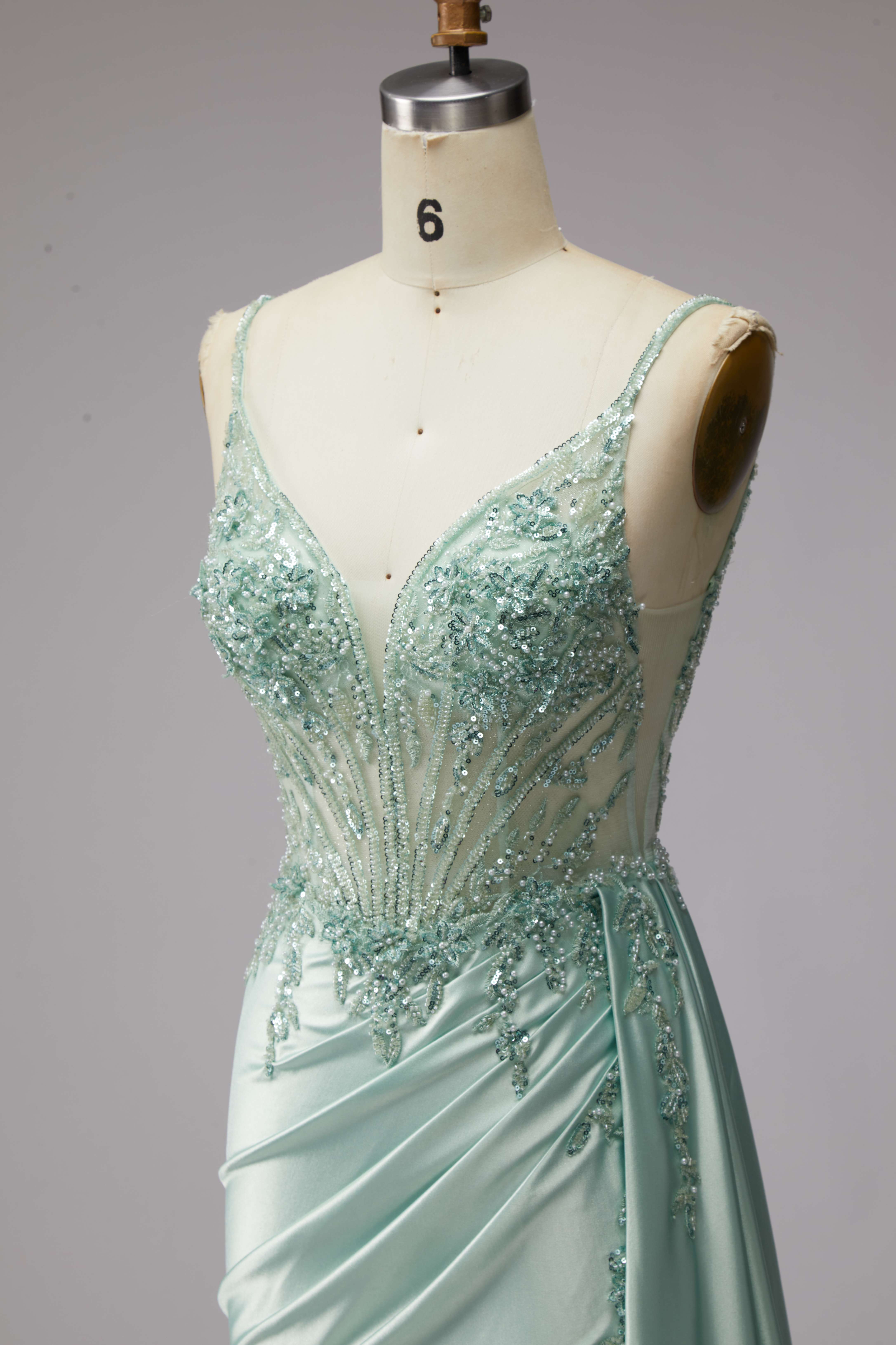 SPU - 608S20LF028 Sage Spaghetti Strap Slit Evening Dress 