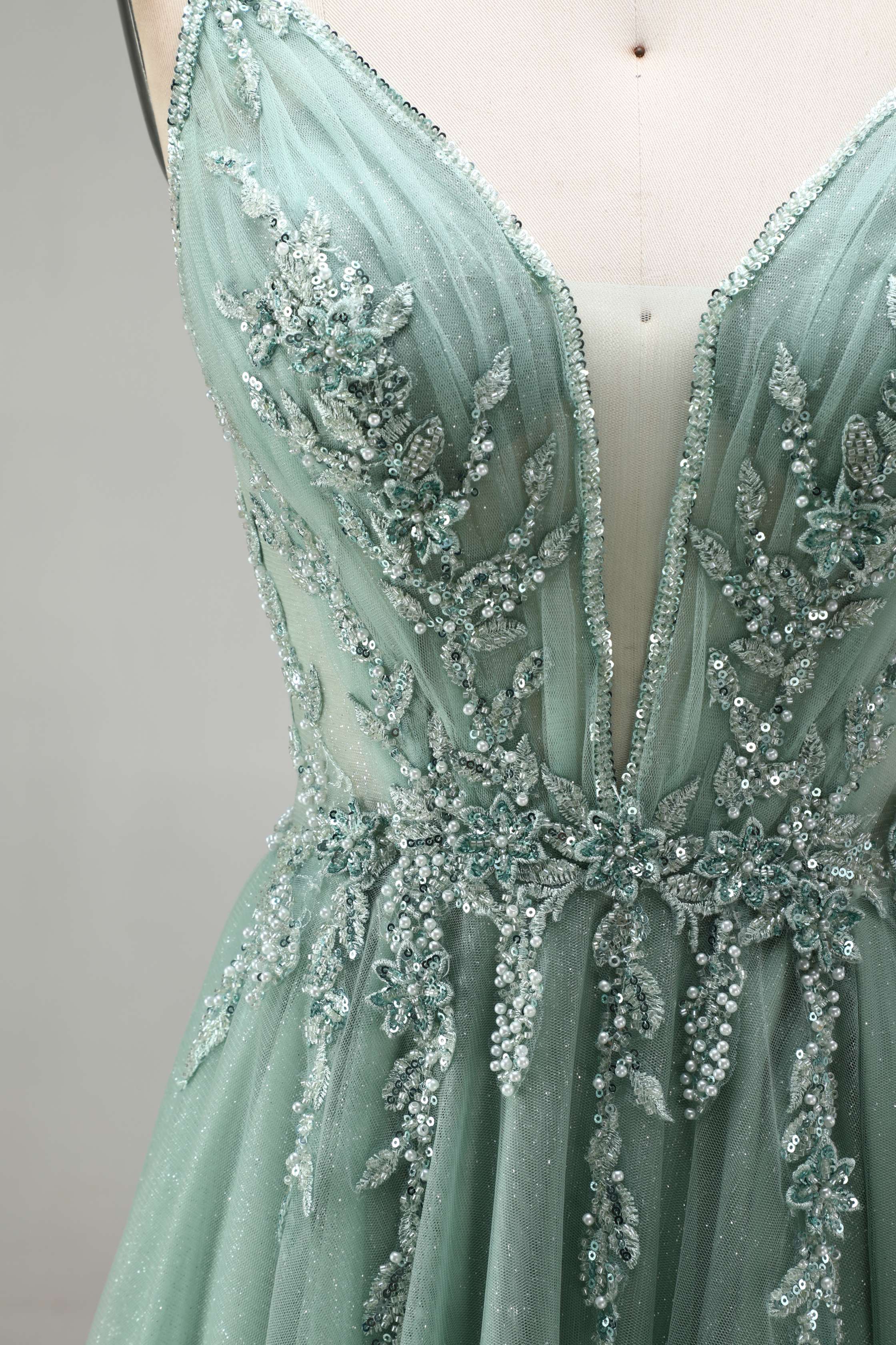 SPU - 608S20LF004 Sage Green Lace A‑Line Tulle Prom Dress