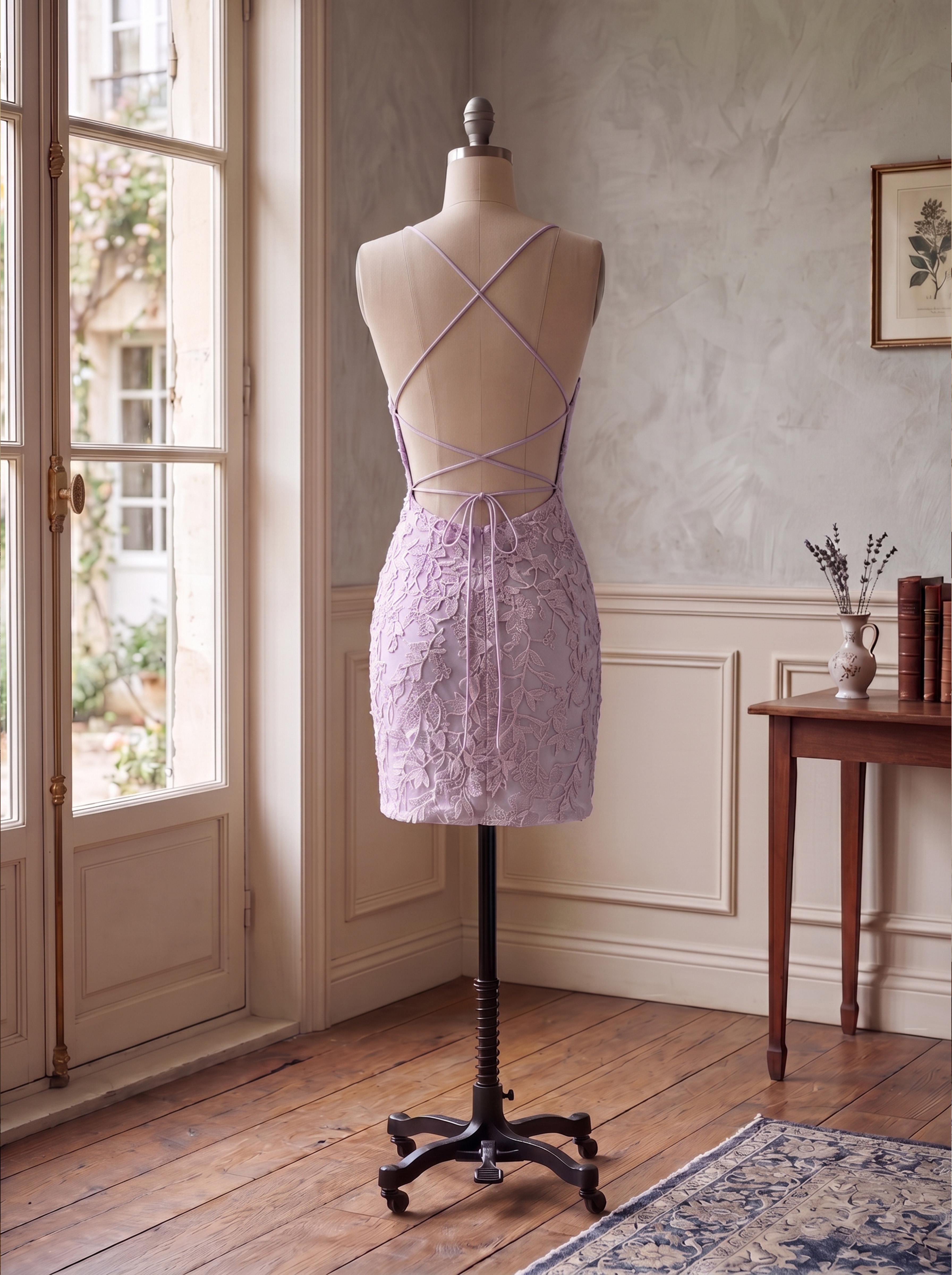 Dusty Blue Lace  Appliqué  Crisscross Backless Homecoming Dress | Bodycon Short Sparkly Mini Party & Graduation Dress