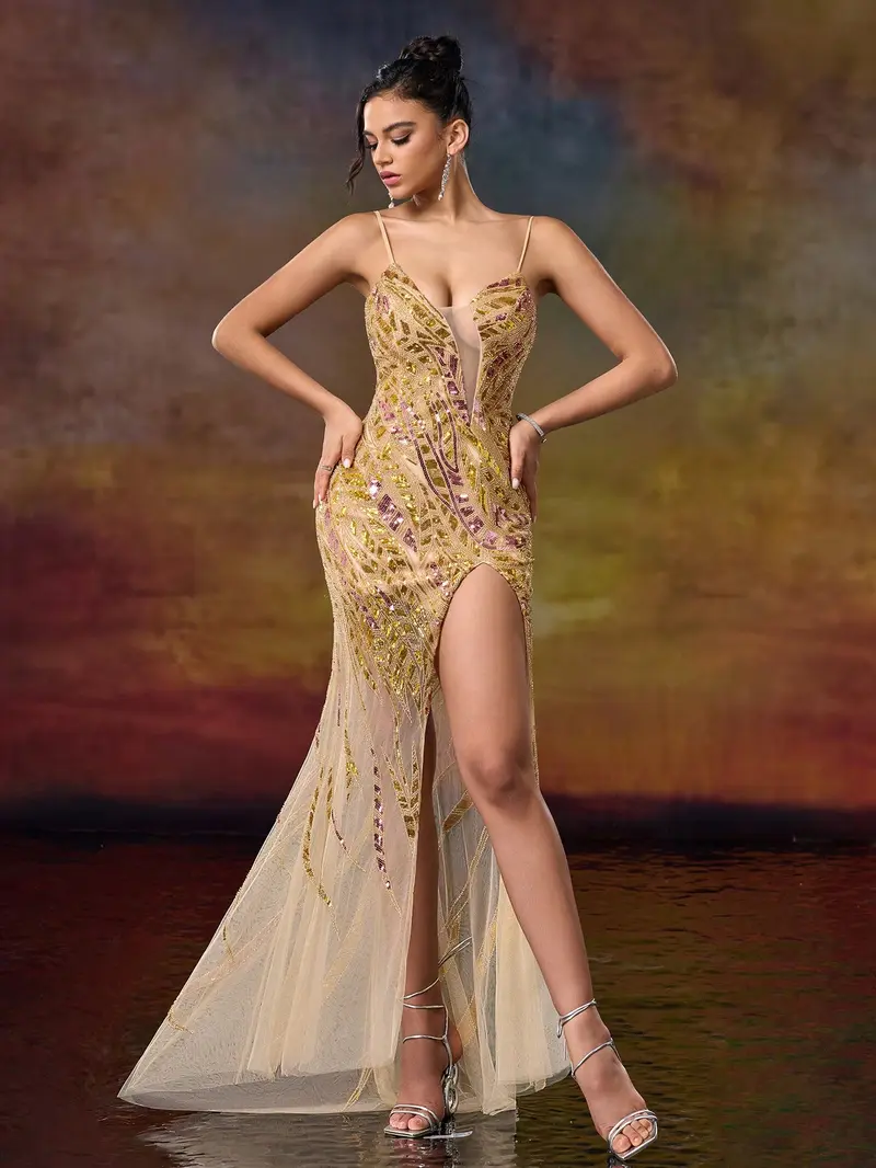 Golden Champagne Sequin Mermaid Prom Dress - Illusion V-Neck Evening Gown with High Slit & Tulle Train