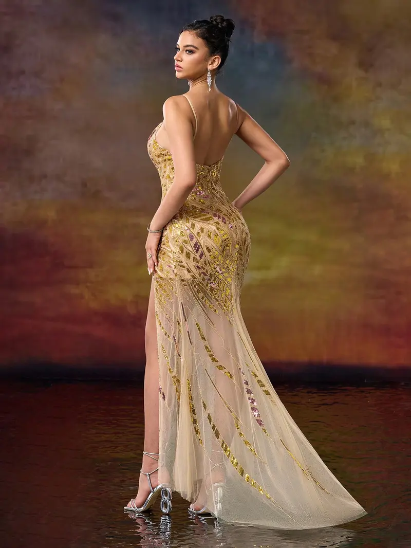Golden Champagne Sequin Mermaid Prom Dress - Illusion V-Neck Evening Gown with High Slit & Tulle Train