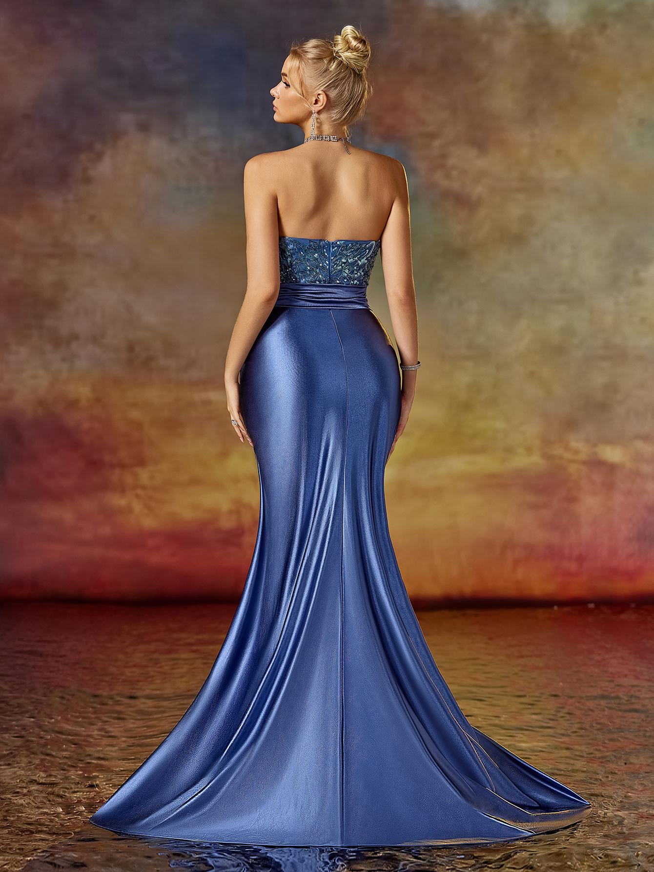 Glamorous Sapphire Blue Sequin Mermaid Evening Gown | Strapless Satin High Slit Formal Dress for Prom & Gala
