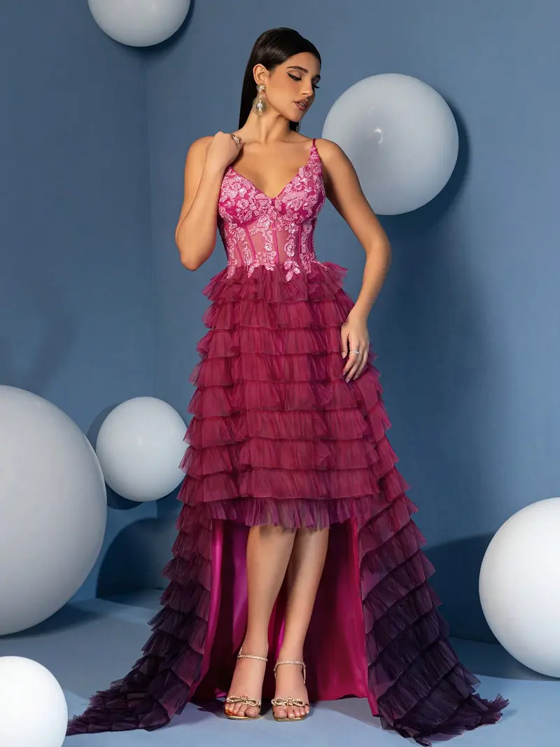 Ombré Pink to Purple High-Low Evening Gown - Sheer Corset Ruffled Tulle Prom Dress with Floral Embroidery