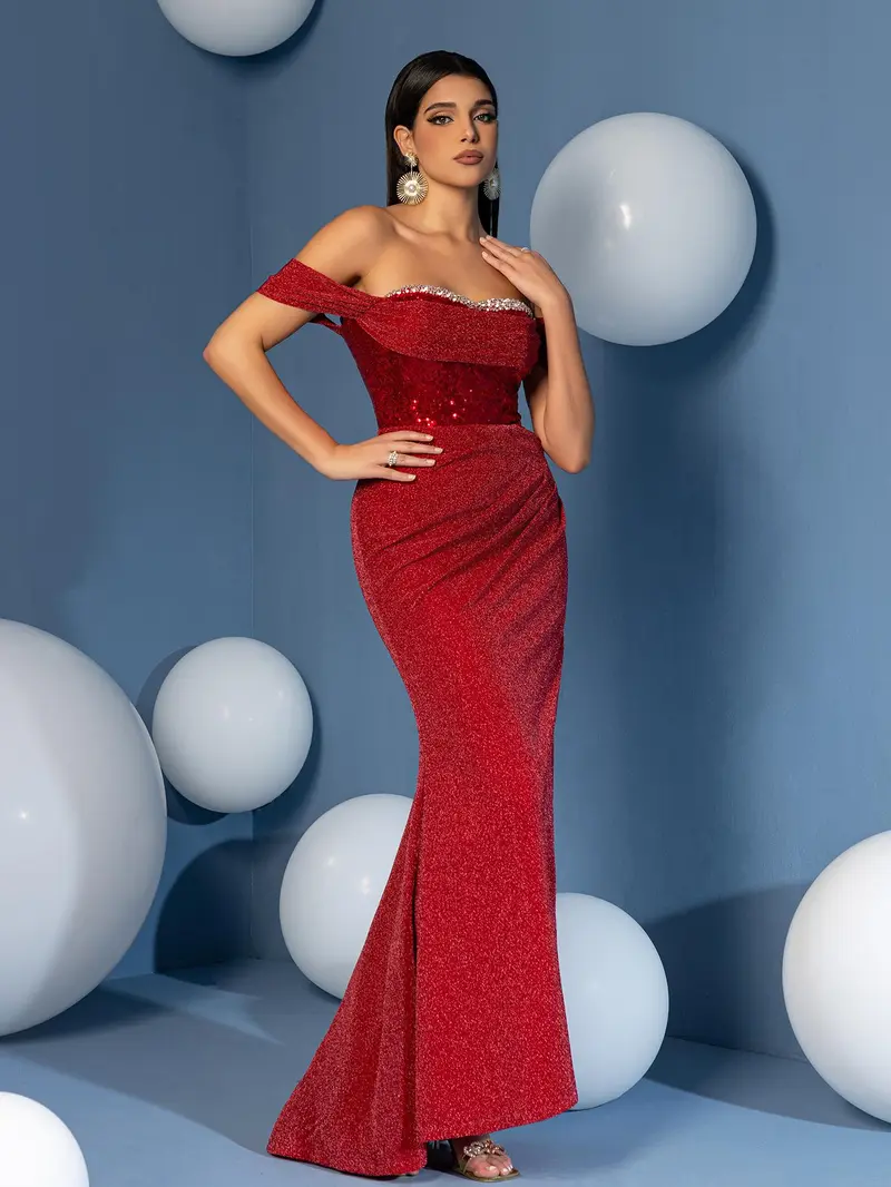 Glamorous Red Off-Shoulder Mermaid Prom Dress - Shimmer Sequin Bodycon Gown for Black-Tie Gala & Red Carpet