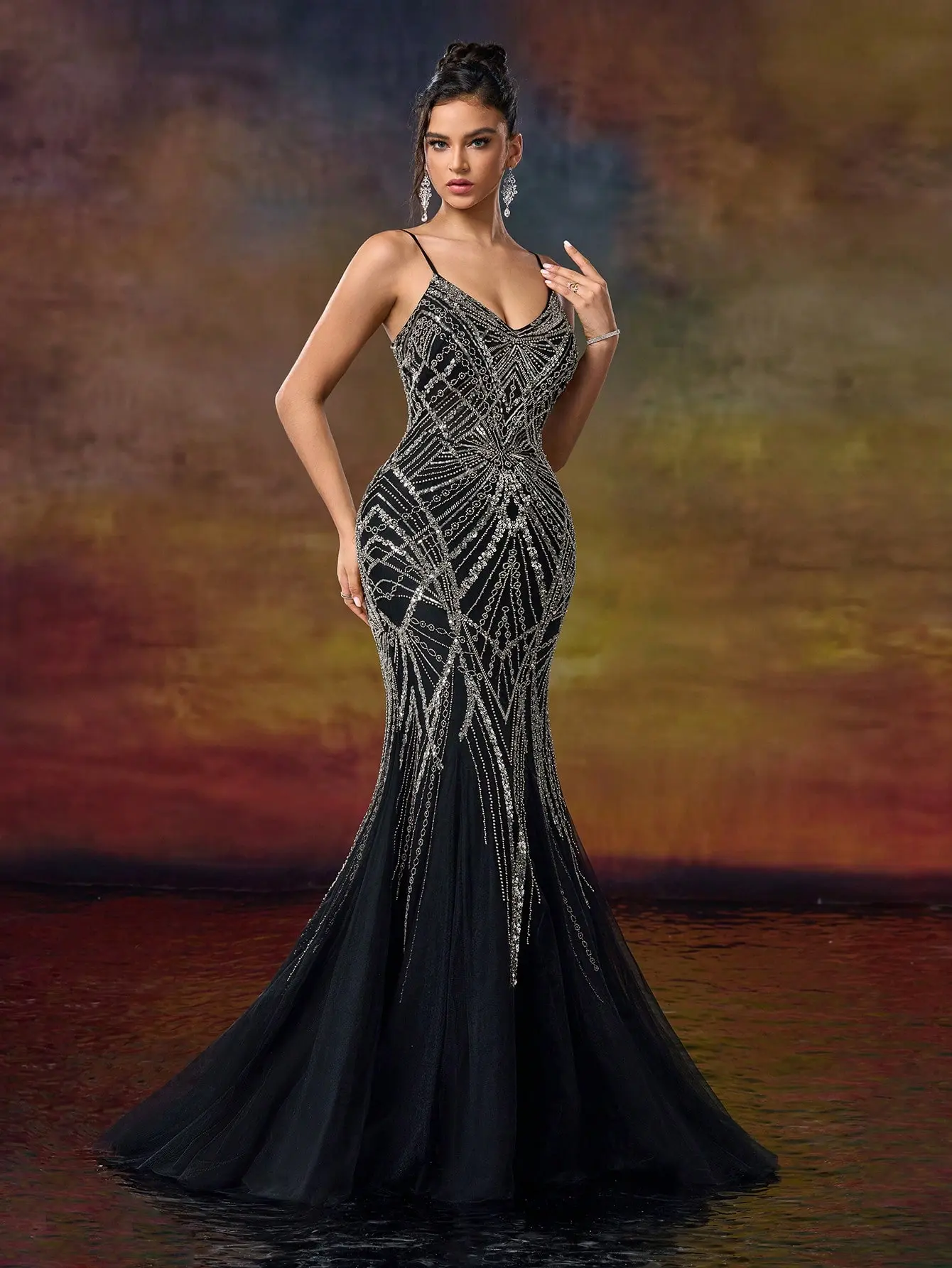Black Art Deco Crystal Beaded Mermaid Evening Gown - Spaghetti Strap Tulle Prom Dress & Formal Gala Maxi