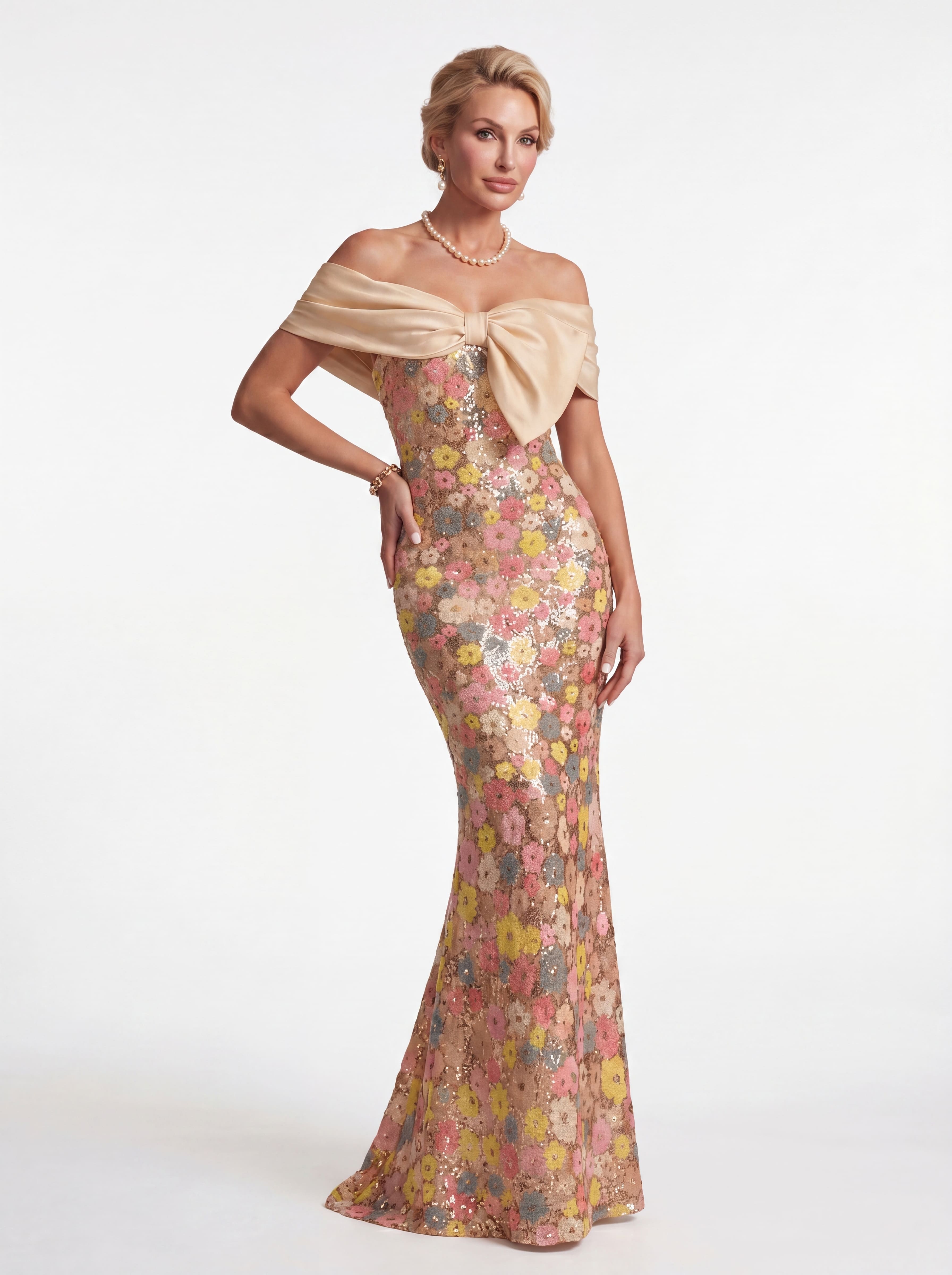 Champagne Pastel Floral Sequin Mermaid Evening Gown - Off-The-Shoulder Satin Bow Prom & Mother of the Bride Dress
