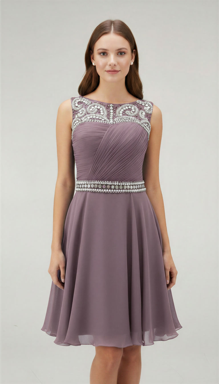 Mauve Purple Sequin Homecoming Dress Short - Illusion Neck Chiffon Prom Gown with Rhinestone Belt