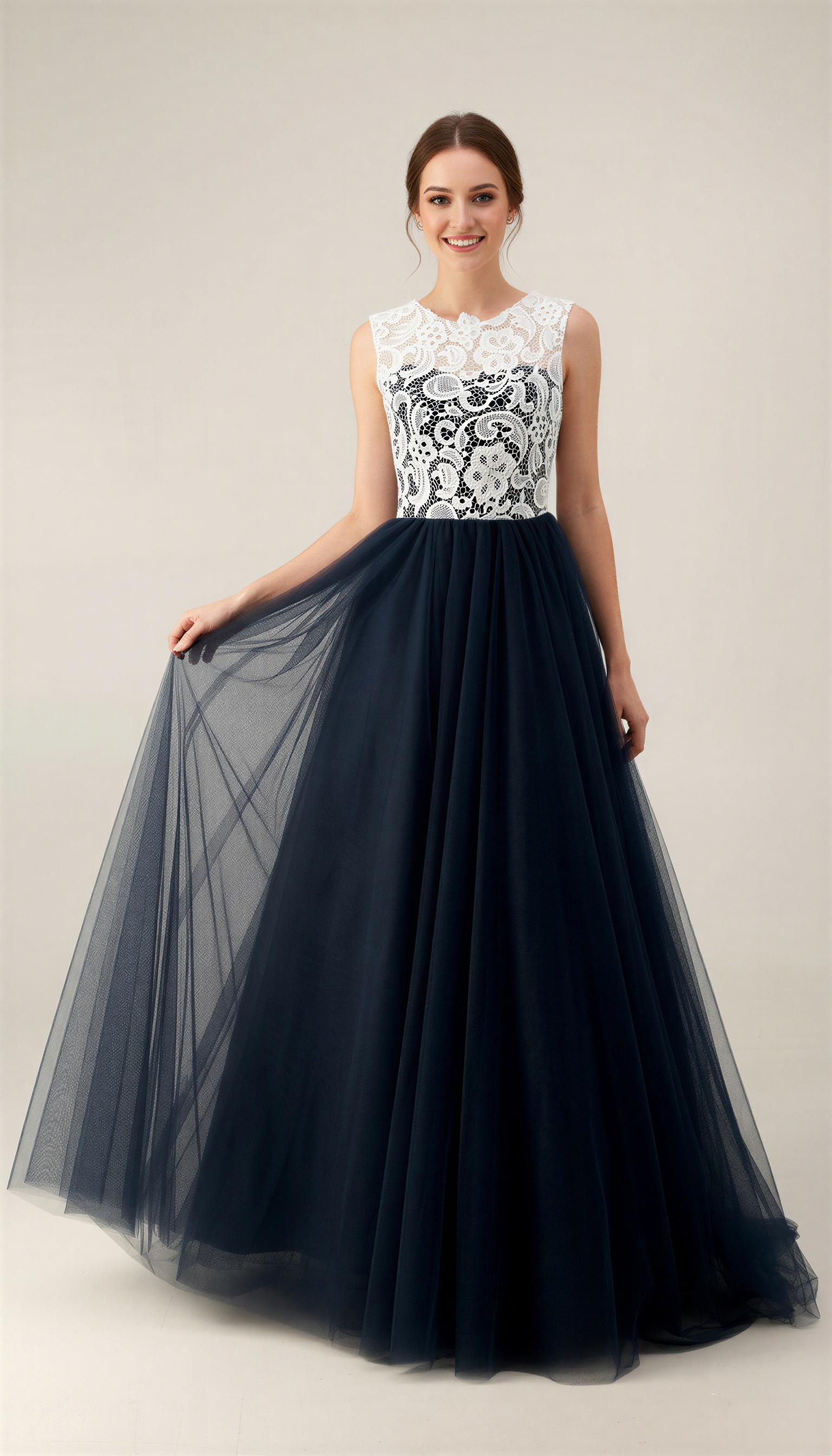 Navy Blue and White Lace Evening Dress Long - Illusion Neck Tulle Prom Ball Gown with Cap Sleeves