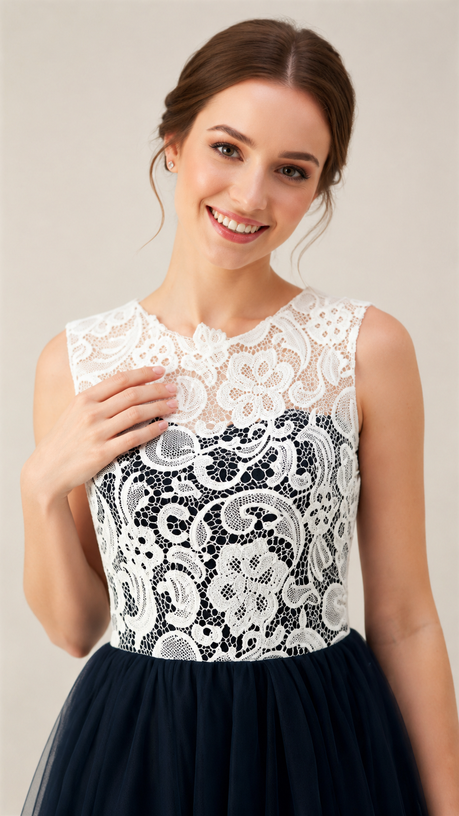 Navy Blue and White Lace Evening Dress Long - Illusion Neck Tulle Prom Ball Gown with Cap Sleeves