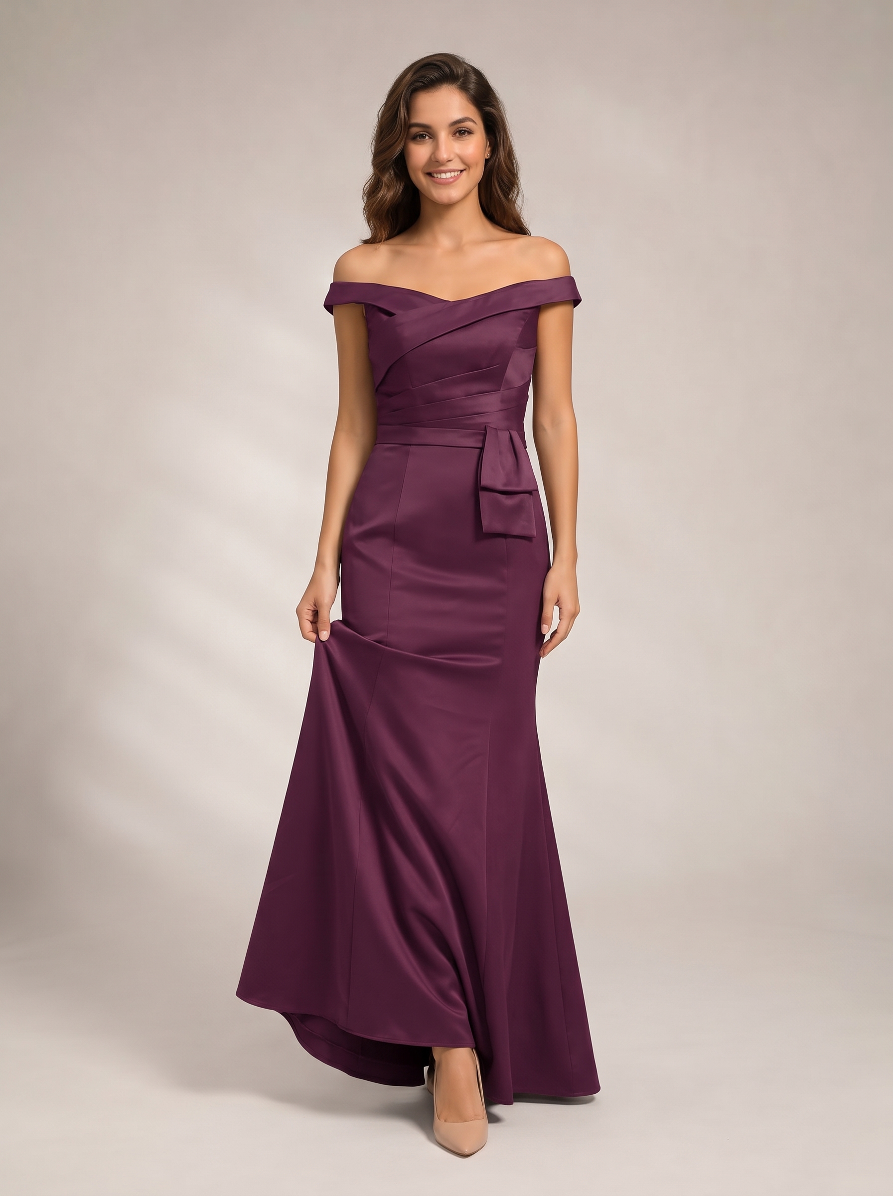 Plum Purple Off the Shoulder Evening Dress Long - Satin Mermaid Bridesmaid Gown with Side Bow