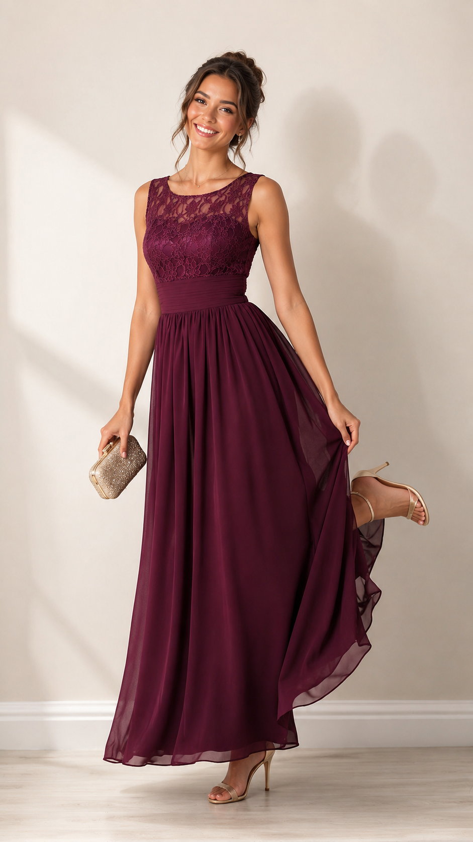Elegant Lace A-Line Bridesmaid Dress - Illusion Boat Neck Chiffon Maxi Gown with Pleated Waistband