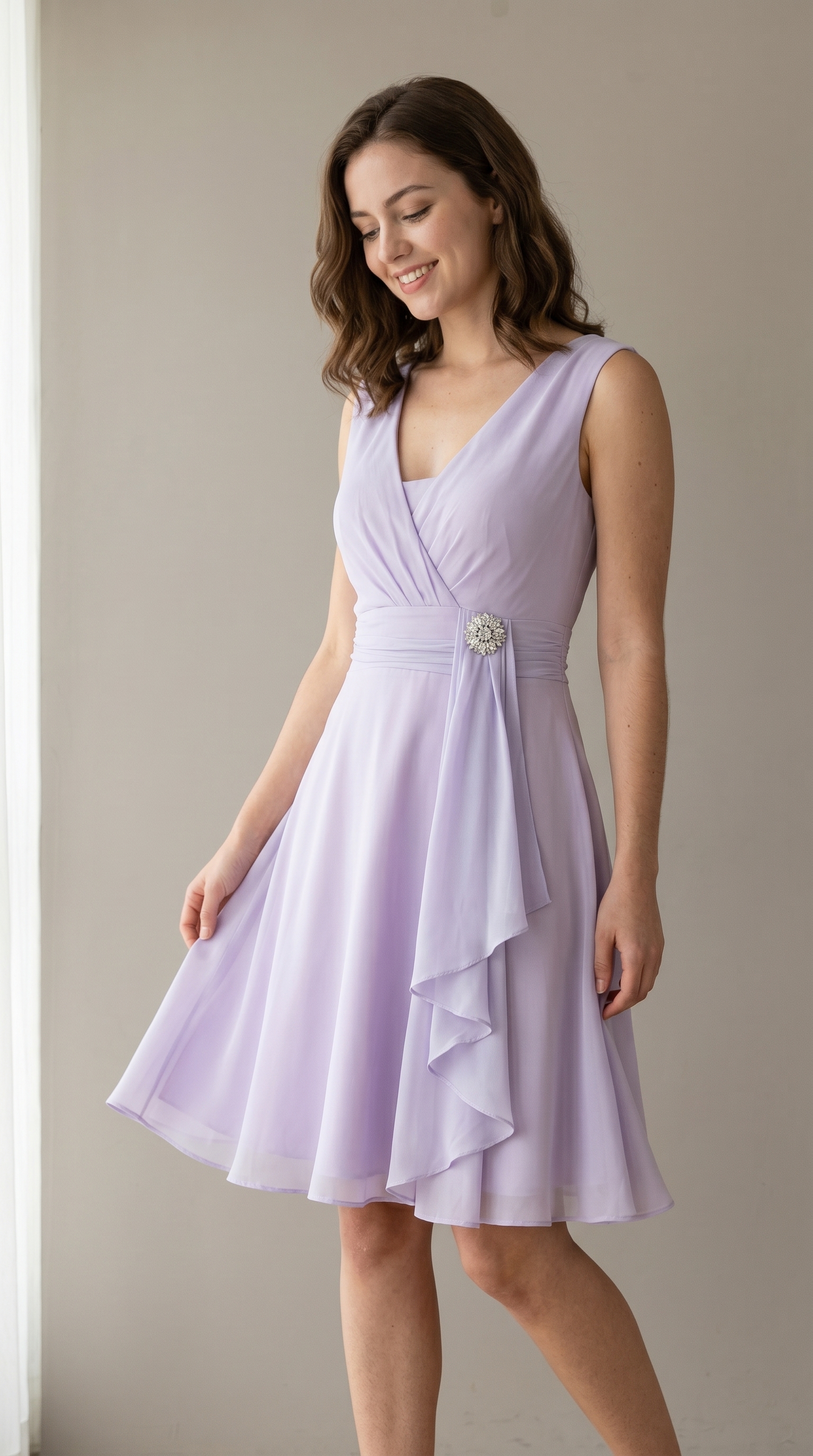 Elegant Chiffon Cocktail Midi Dress - Square Neck Mother of the Bride Gown with Rhinestone Brooch