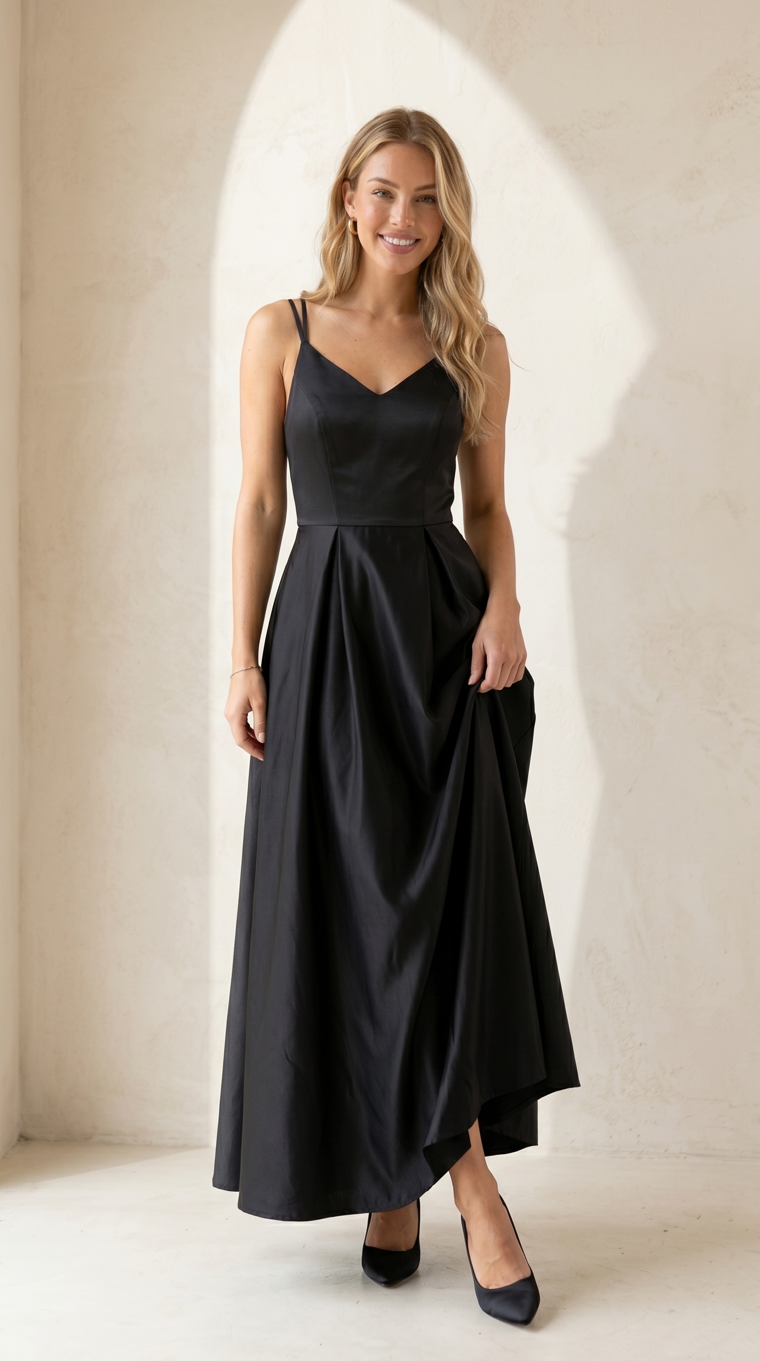Classic Black Satin Prom Formal Gown - Double Spaghetti Strap V-Neck A-Line Evening Dress with Pockets