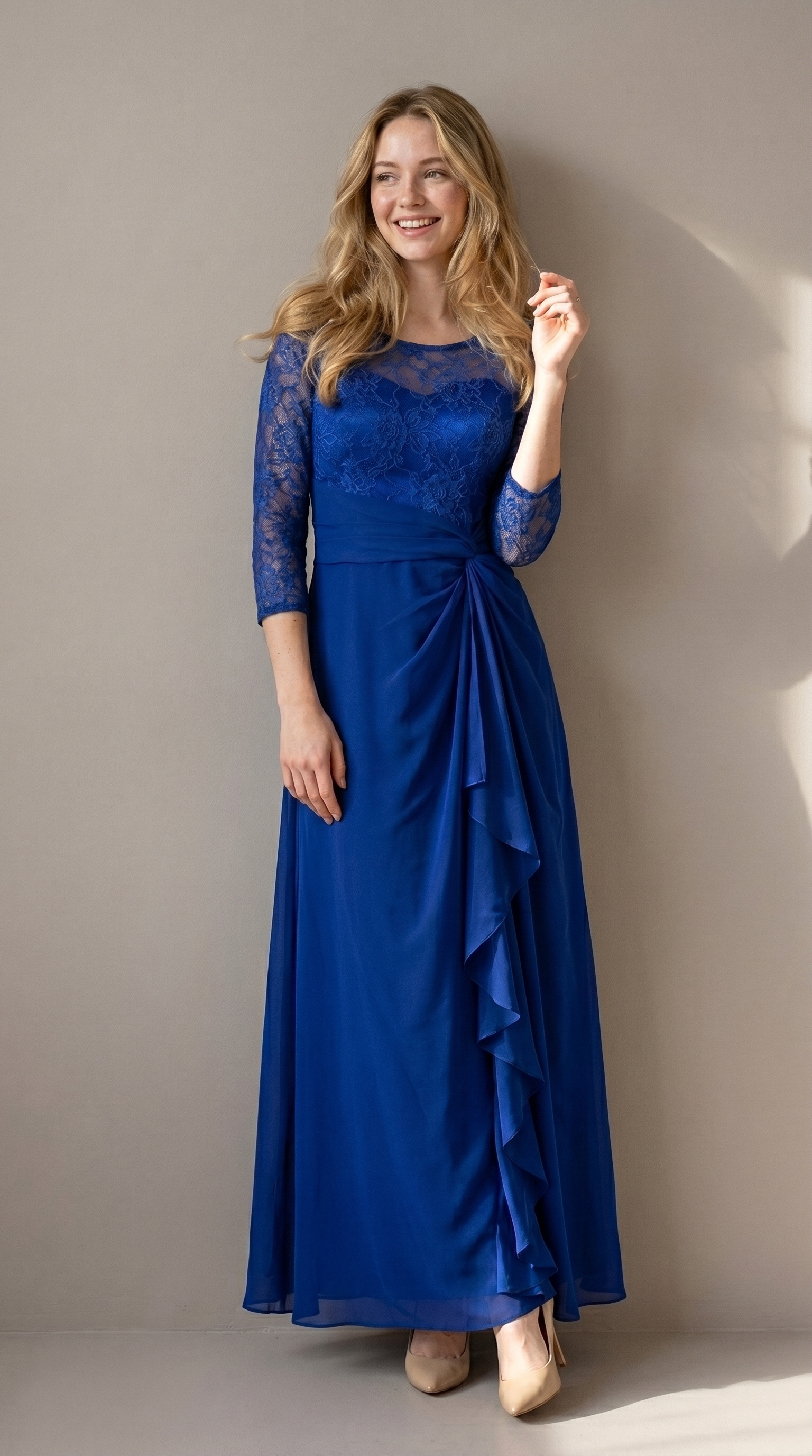 Royal Blue Lace Evening Dress Long - Sleeve Chiffon Mother of the Bride Gown with Ruffles