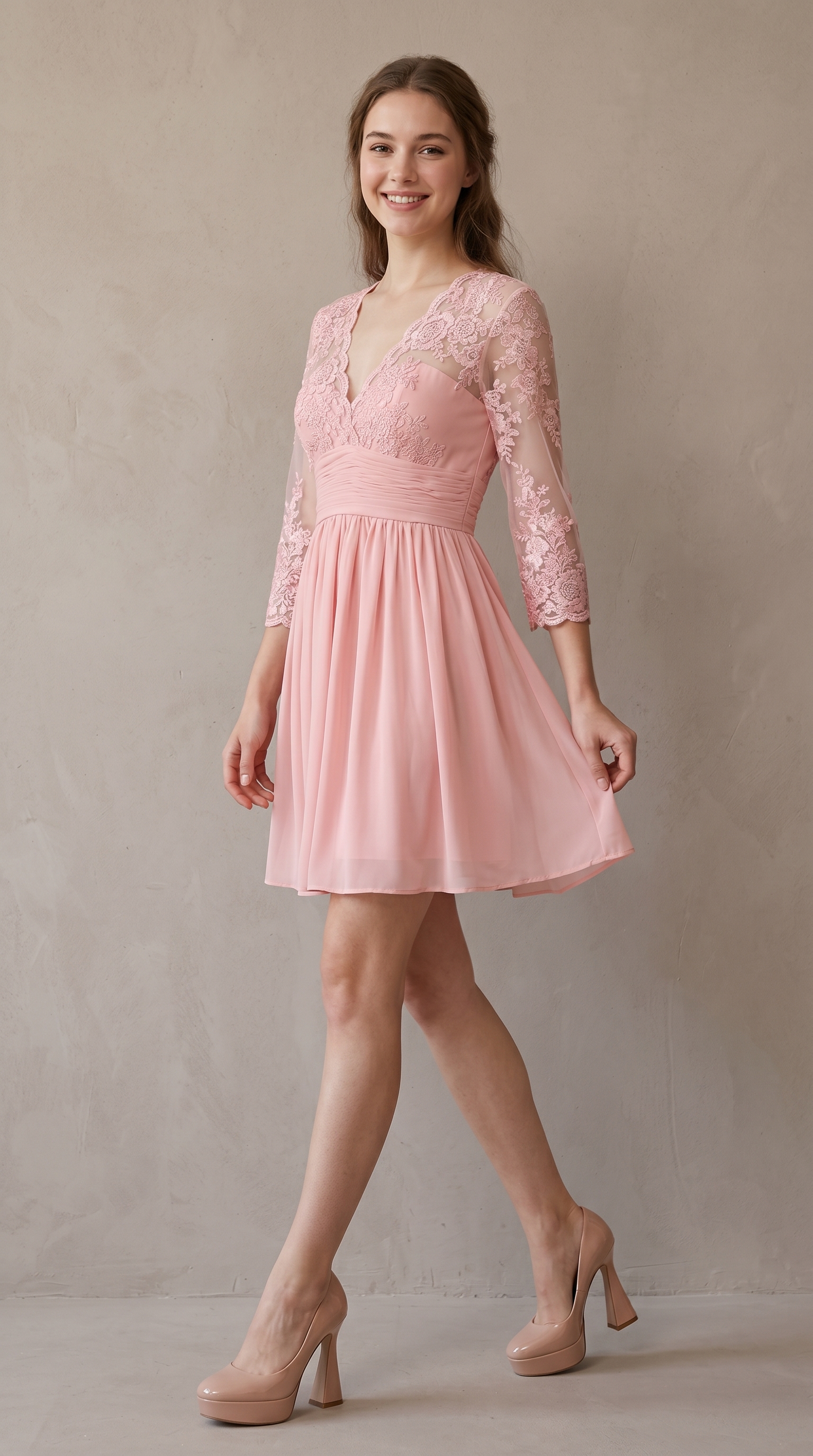 Floral Lace V-Neck Cocktail Dress - 3/4 Sleeve Mother of the Bride Midi Gown with Ruched Waistband