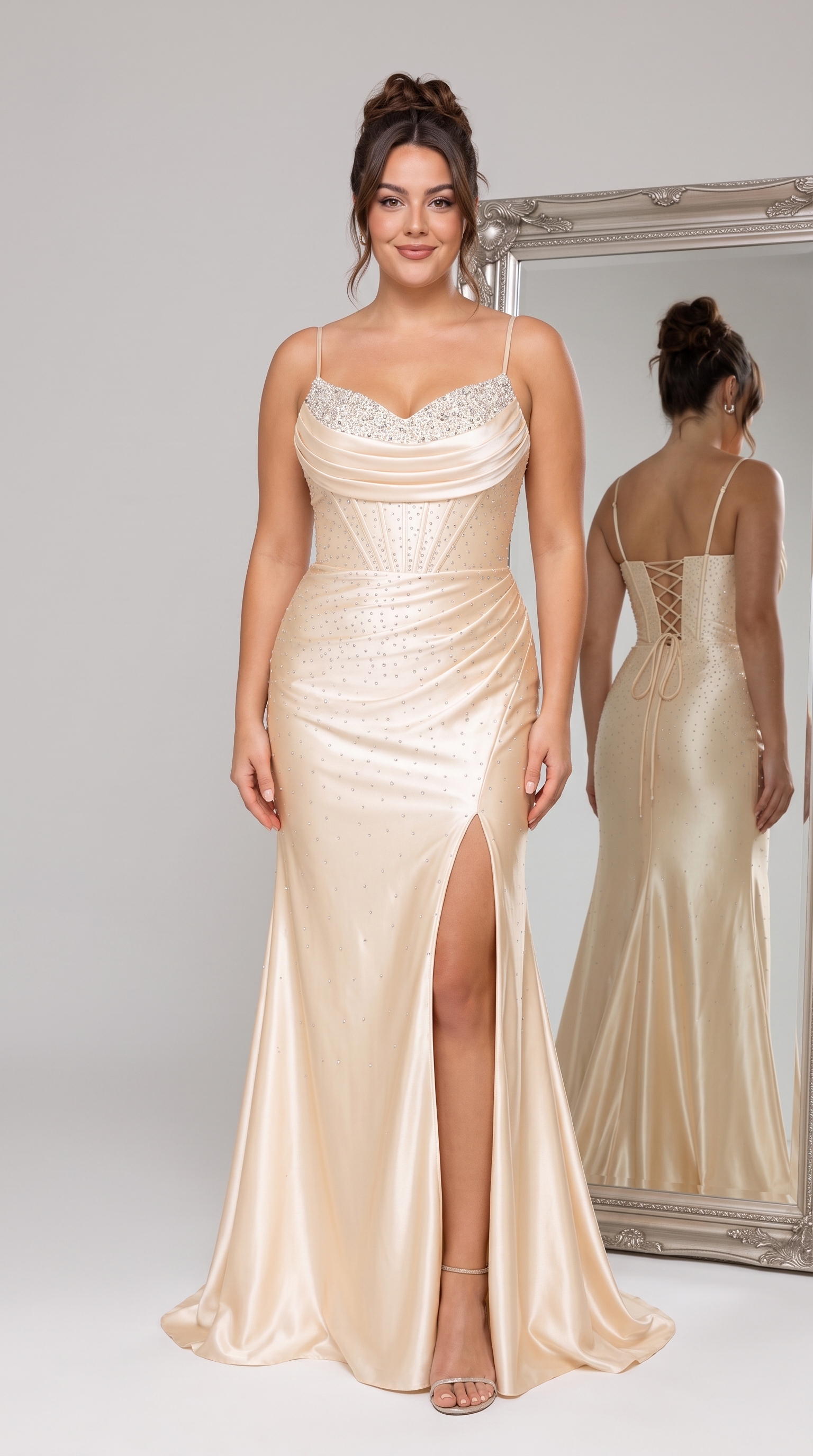 Champagne Satin Rhinestone Mermaid Prom Dress - Ruched Corset Evening Gown with High Slit