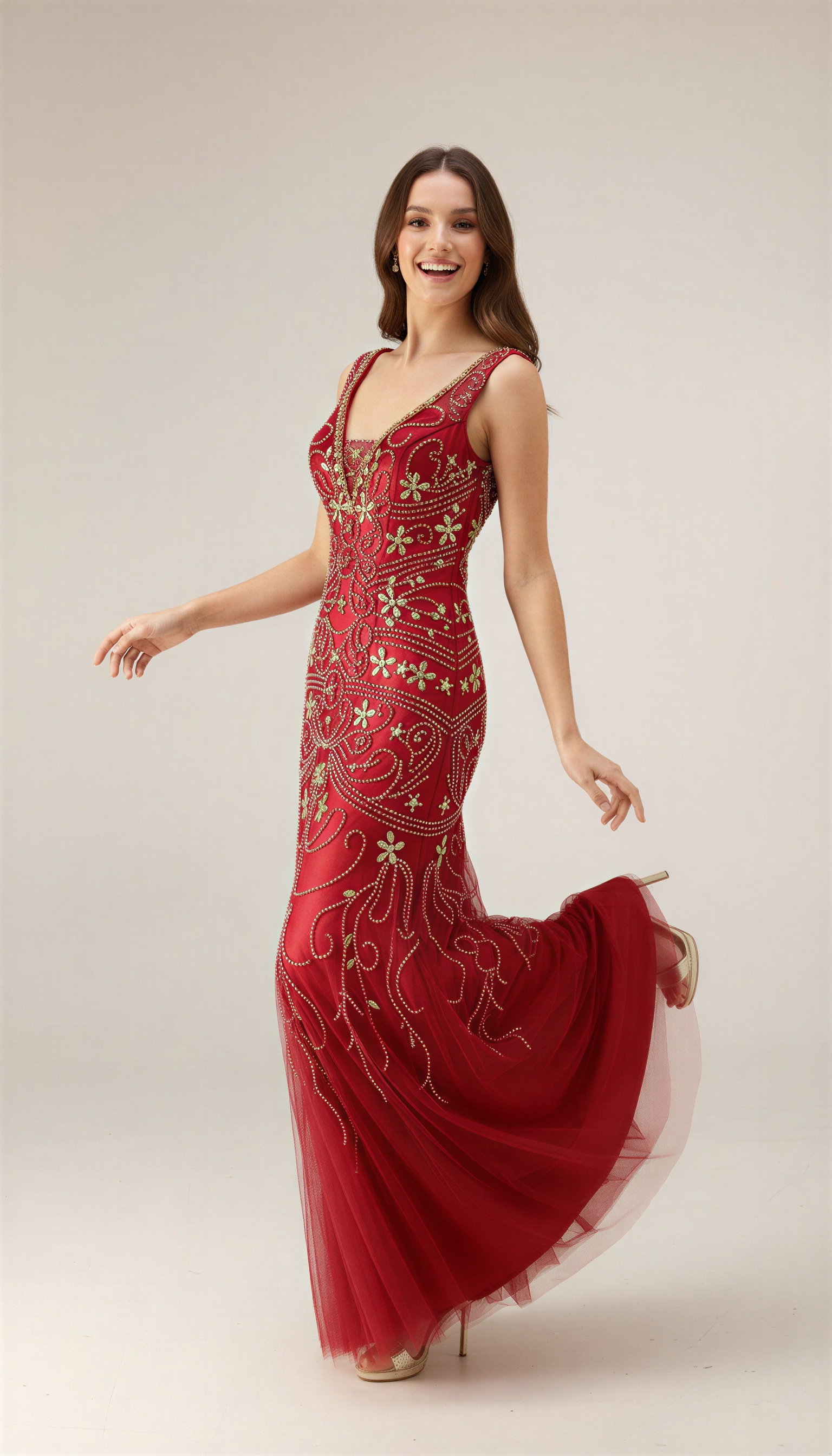 Luxury Sequin Mermaid Evening Dress - Formal Deep V-Neck Prom Gown with Baroque Beaded Embroidery