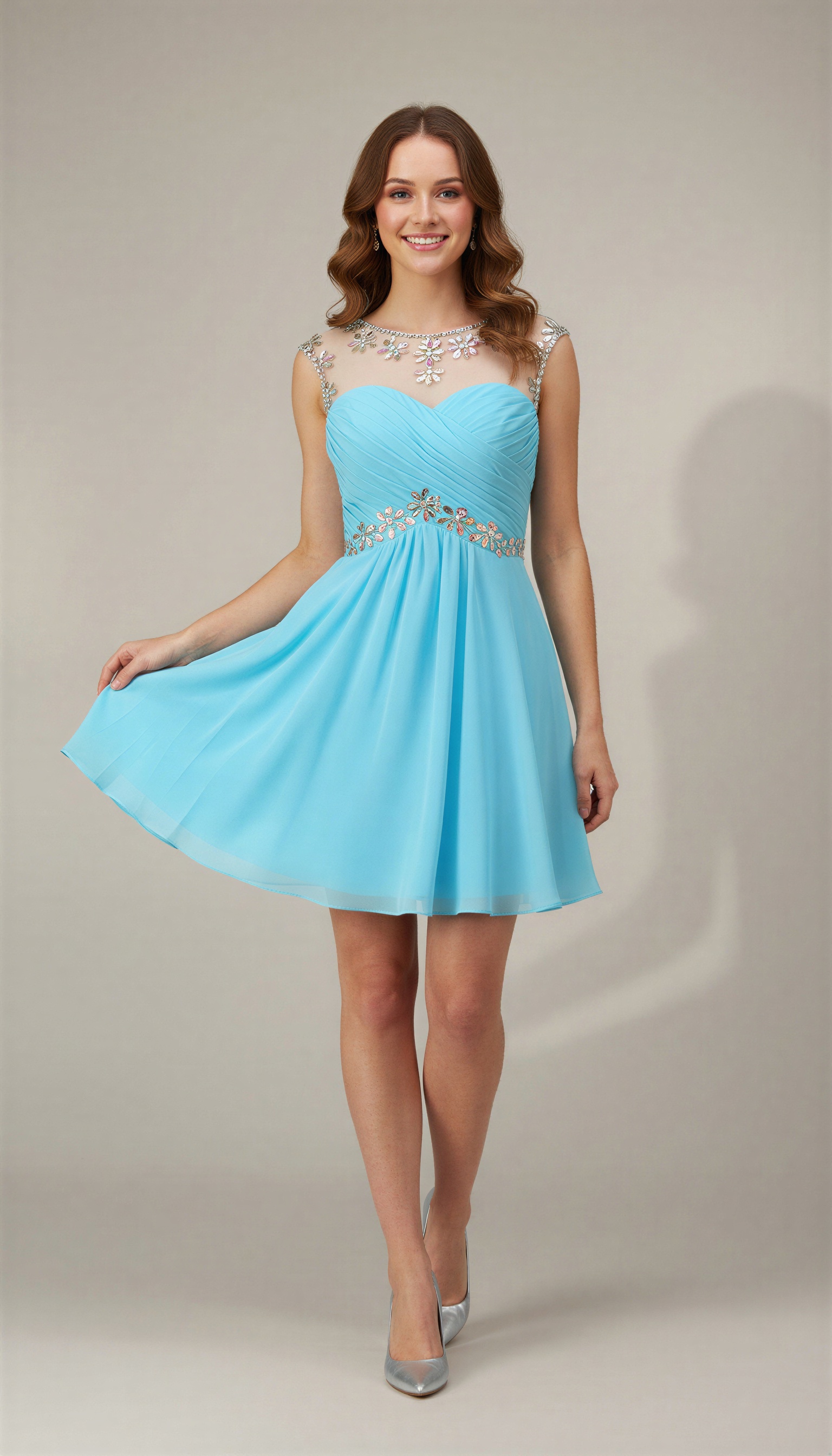 Sparkling Crystal Homecoming Dress Short - Illusion Neck Chiffon Prom Gown with Beaded Waistband