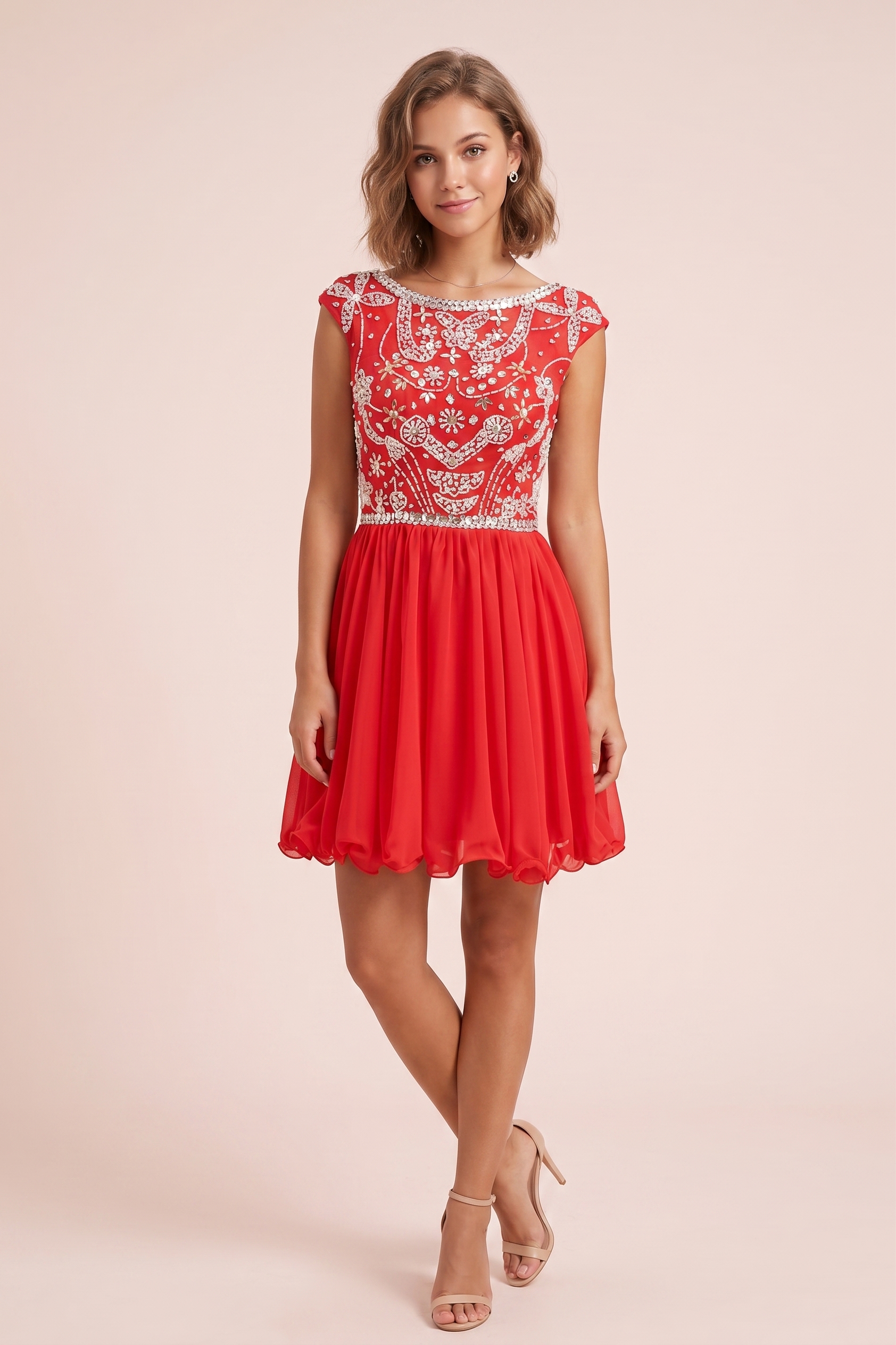 Sparkling Sequin Homecoming Dress Short - Illusion Neck Beaded Prom Gown with Chiffon Skirt