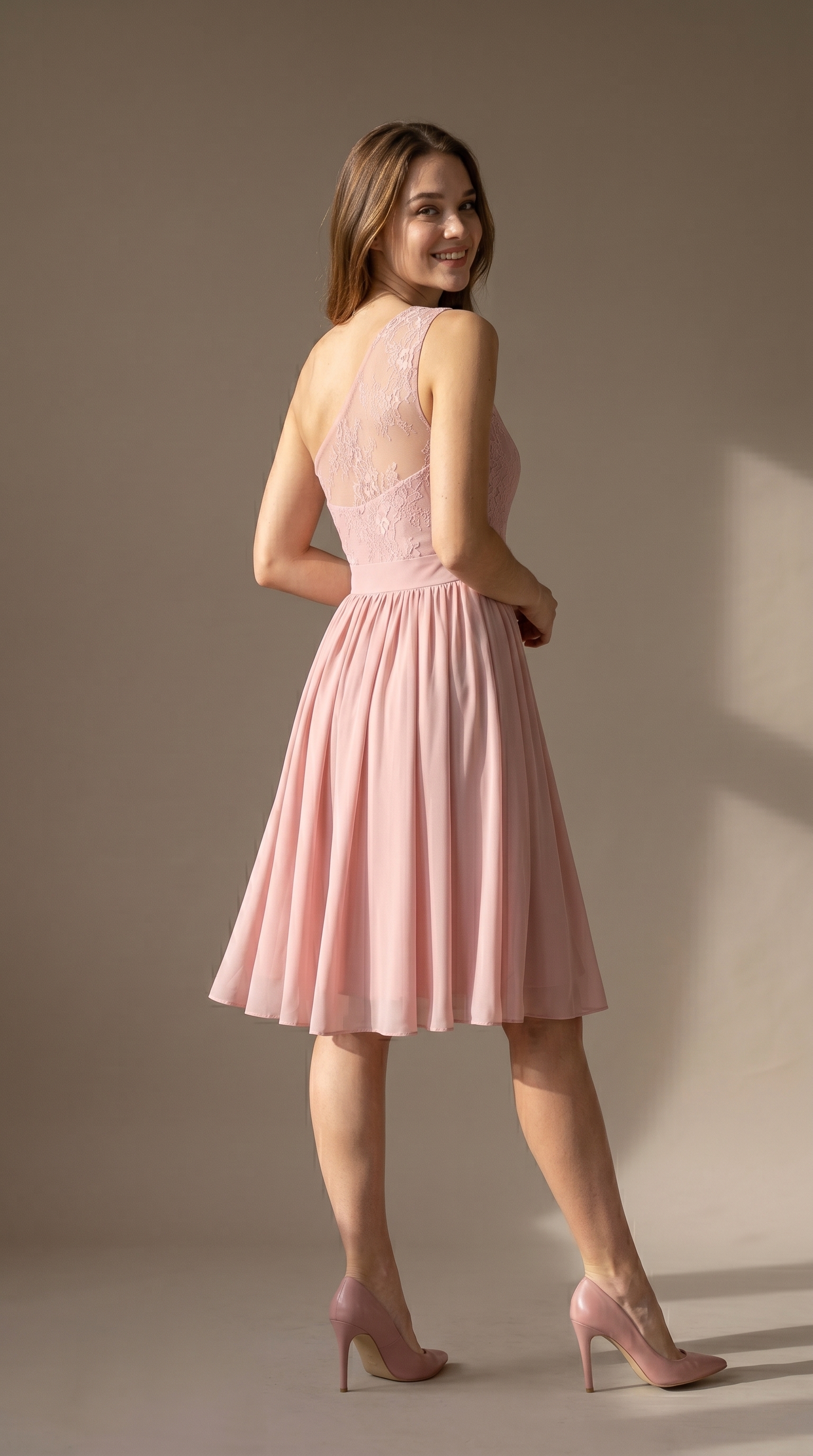 Blush Pink Lace One Shoulder Homecoming Dress - Short Chiffon Bridesmaid Gown with Illusion Bodice