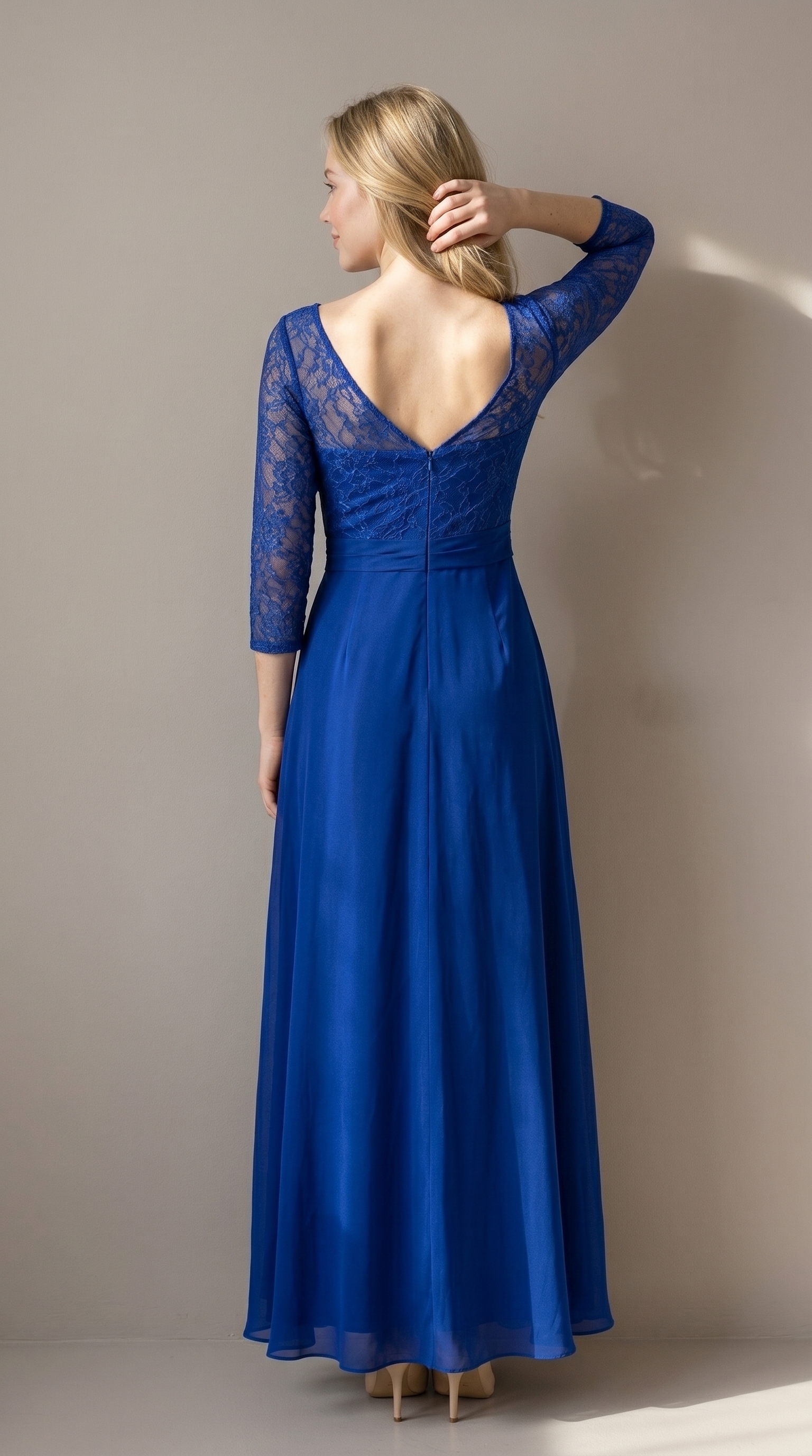 Royal Blue Lace Evening Dress Long - Sleeve Chiffon Mother of the Bride Gown with Ruffles