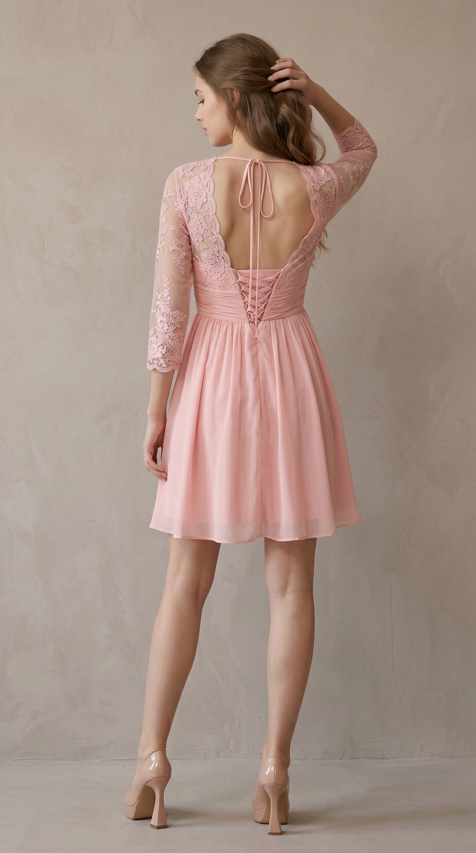 Floral Lace V-Neck Cocktail Dress - 3/4 Sleeve Mother of the Bride Midi Gown with Ruched Waistband