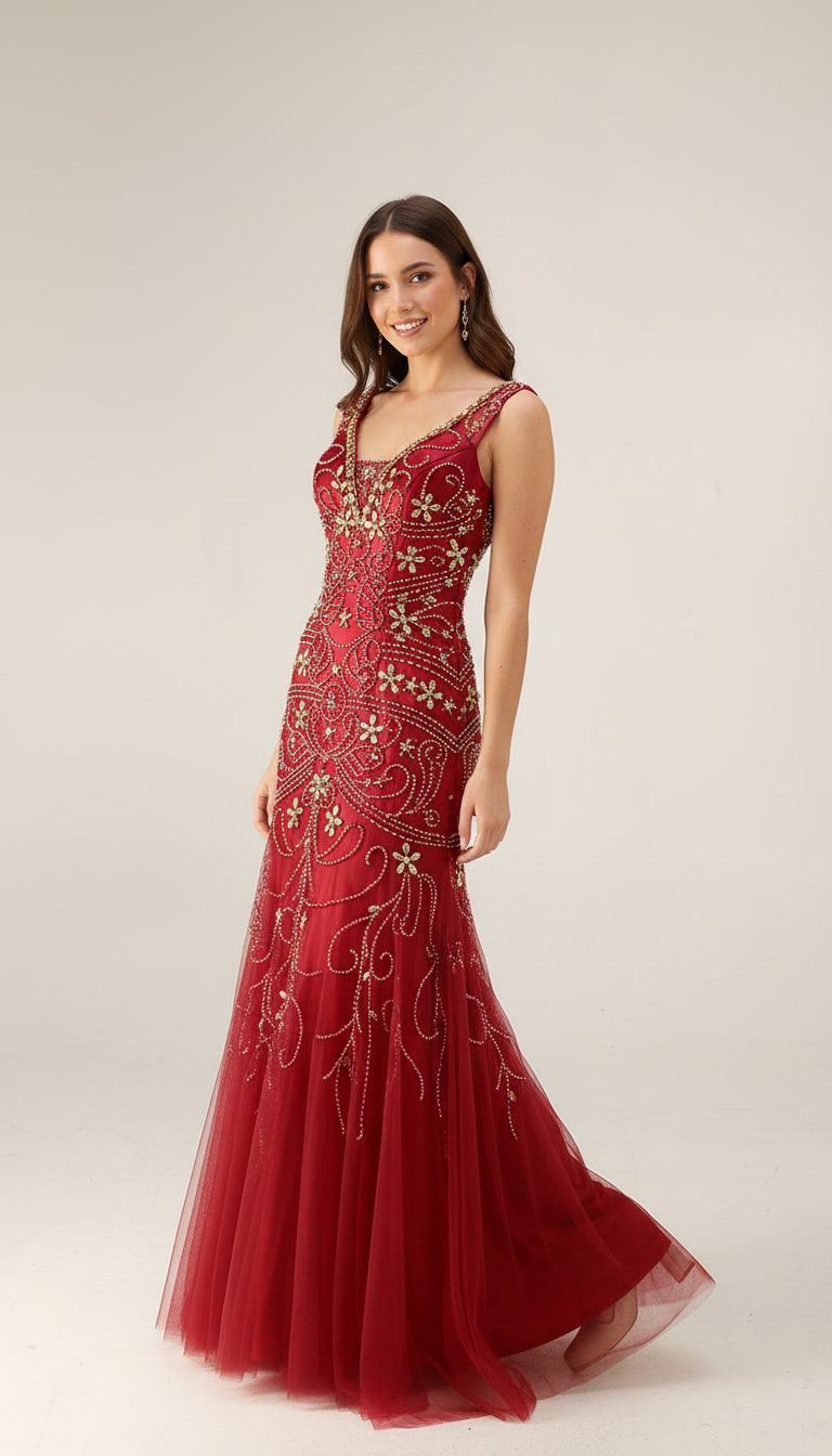 Luxury Sequin Mermaid Evening Dress - Formal Deep V-Neck Prom Gown with Baroque Beaded Embroidery