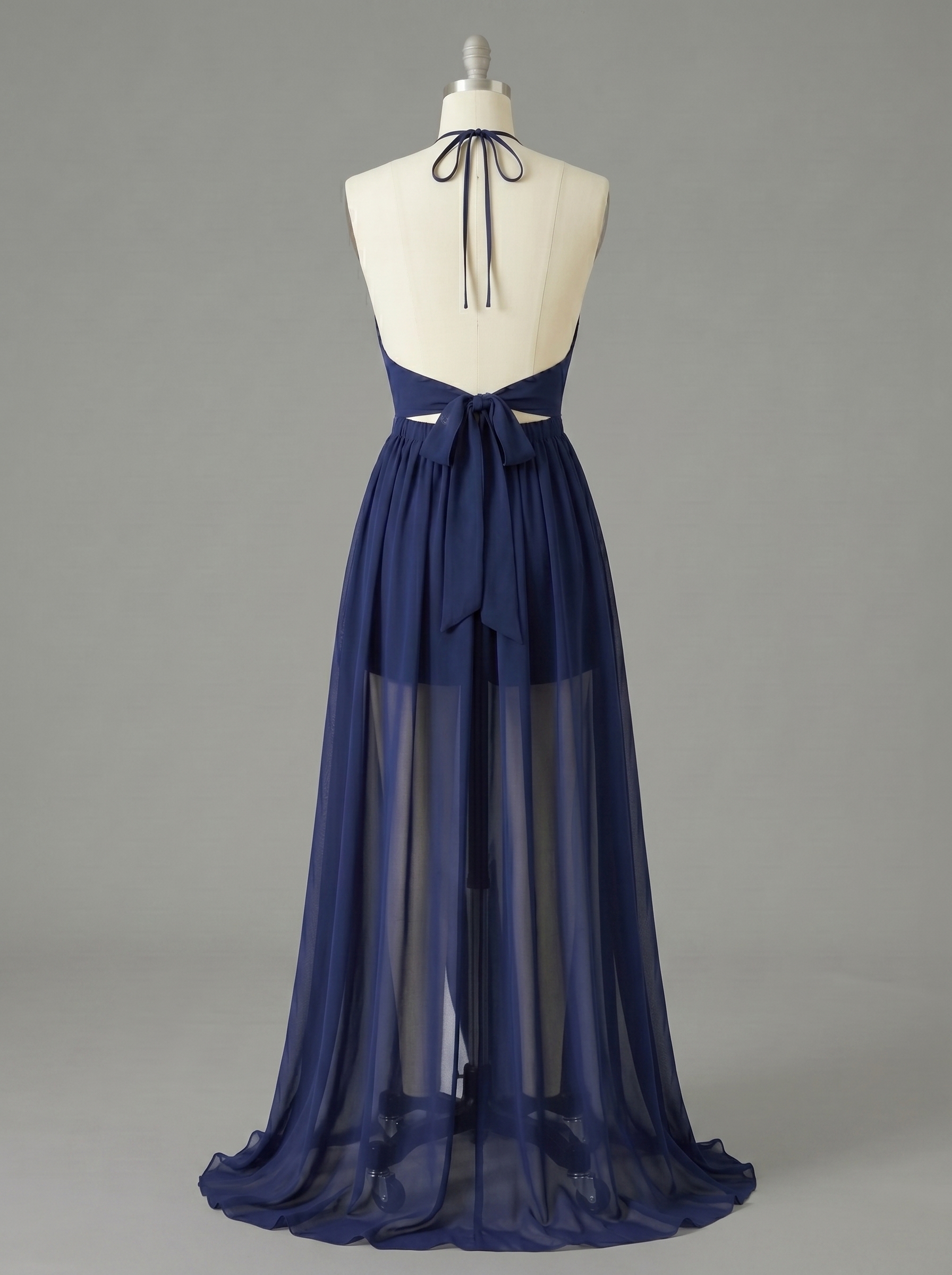 Navy Blue Halter Maxi Dress with Cutout & Slit - Elegant Backless Evening Gown for Wedding Guest or Prom