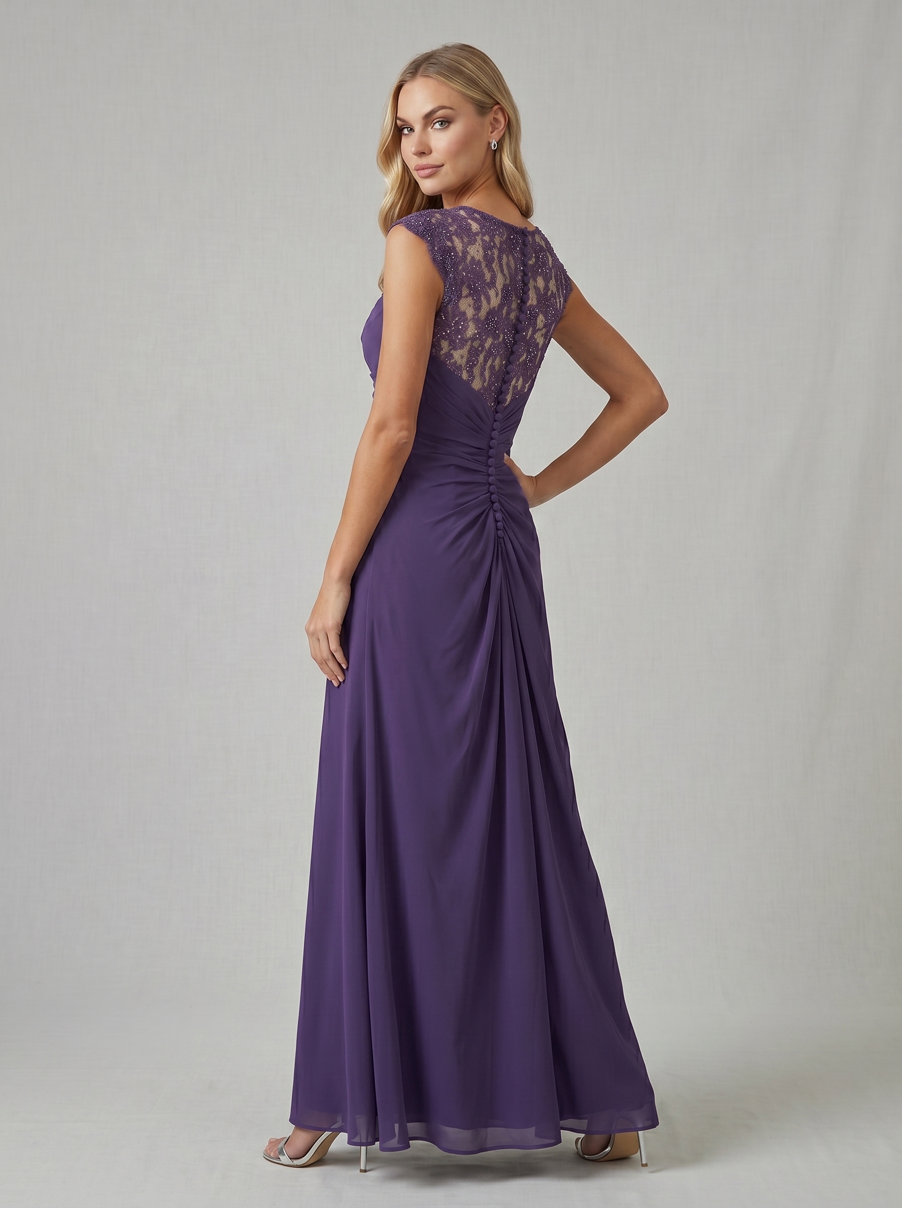 Elegant Sleeveless Lace Illusion Neckline Maxi Dress - Ruched Chiffon Formal Evening Gown for Wedding Guest, Bridesmaid & Prom