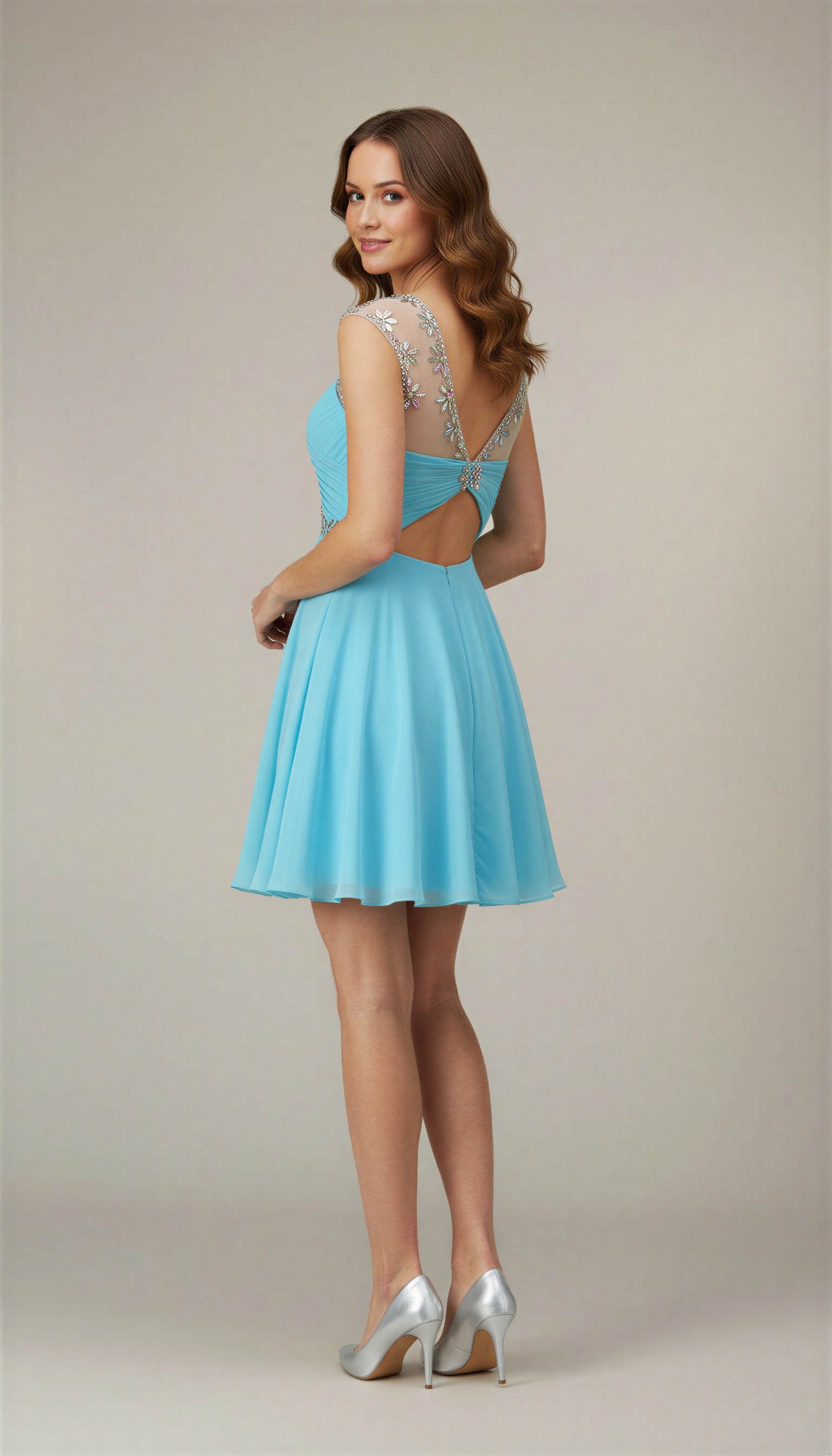 Sparkling Crystal Homecoming Dress Short - Illusion Neck Chiffon Prom Gown with Beaded Waistband