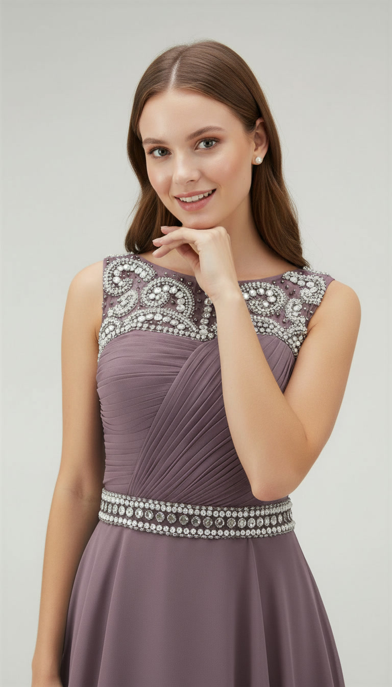 Mauve Purple Sequin Homecoming Dress Short - Illusion Neck Chiffon Prom Gown with Rhinestone Belt