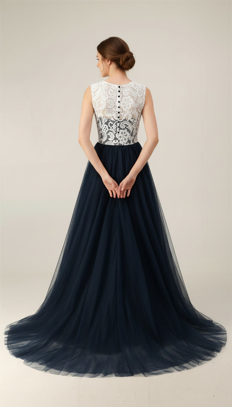 Navy Blue and White Lace Evening Dress Long - Illusion Neck Tulle Prom Ball Gown with Cap Sleeves